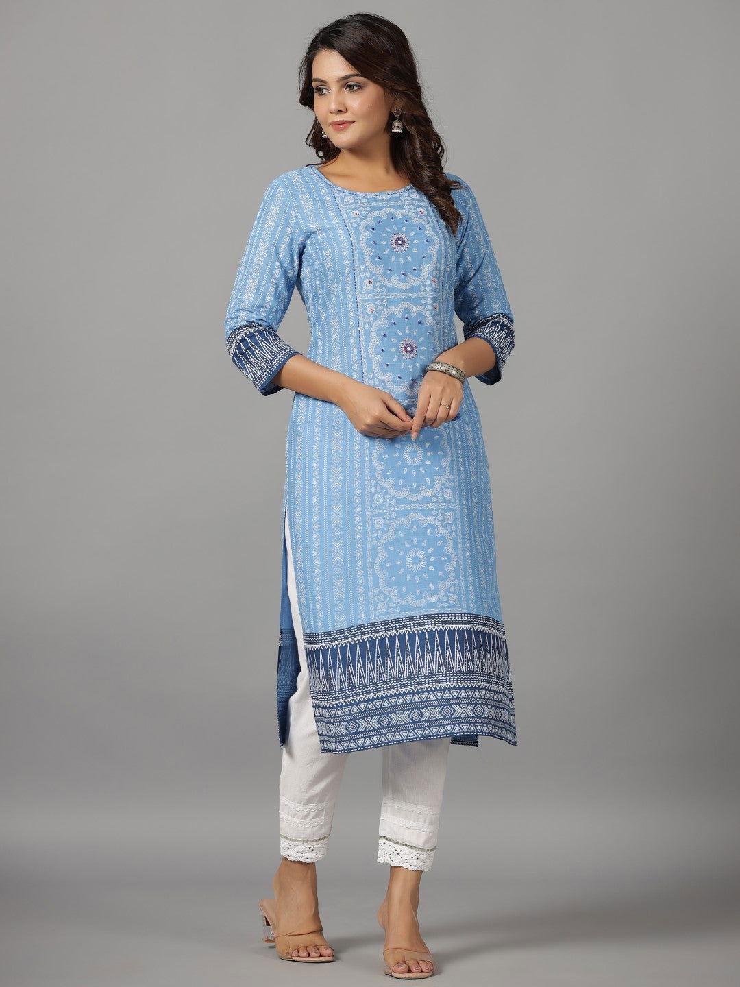 Juniper Women's Blue Ethnic Motif Printed Rayon Slub Kurta With Beads & Sequins - Swadesiicart