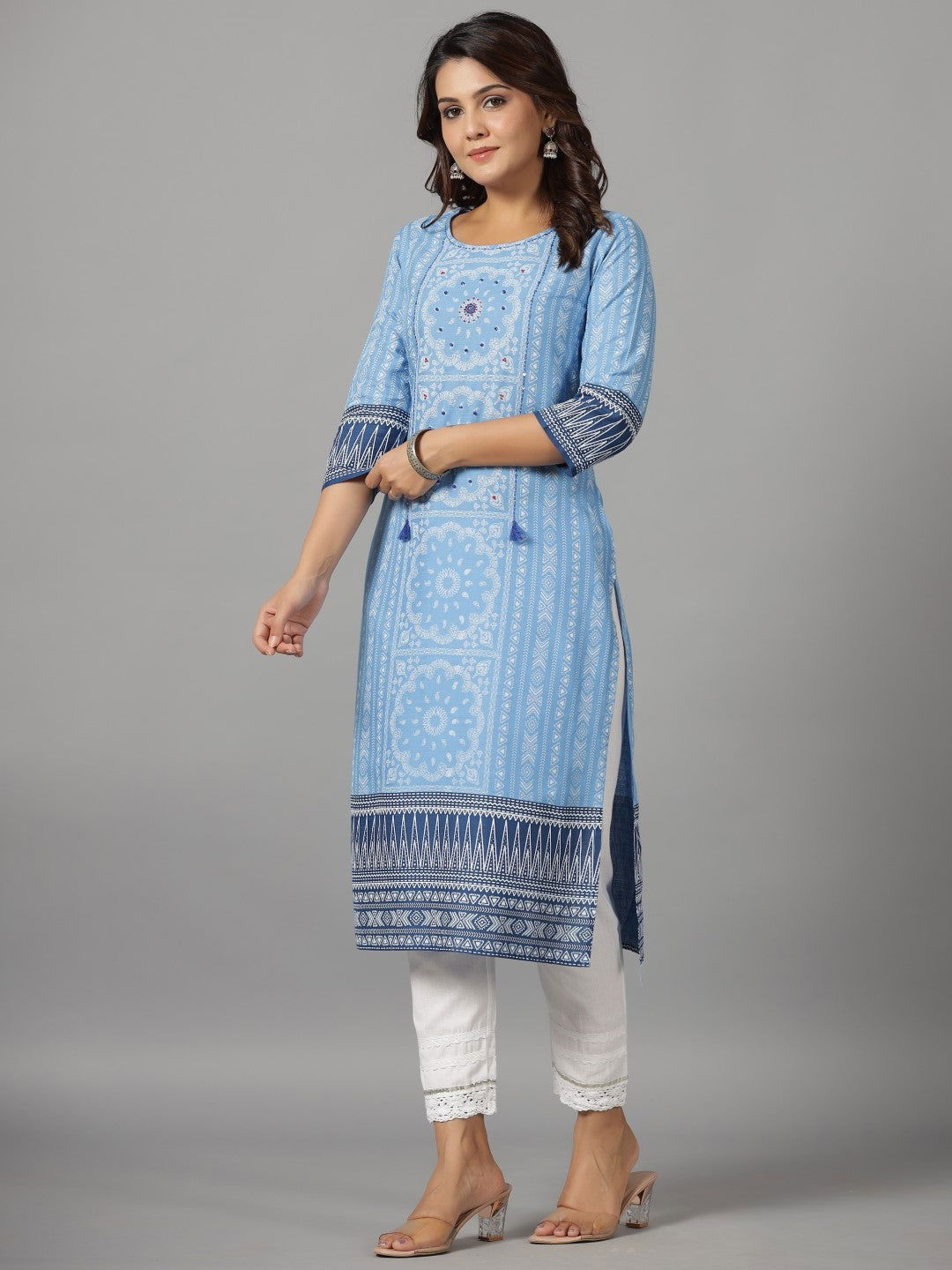 Juniper Women's Blue Ethnic Motif Printed Rayon Slub Kurta With Beads & Sequins - Swadesiicart