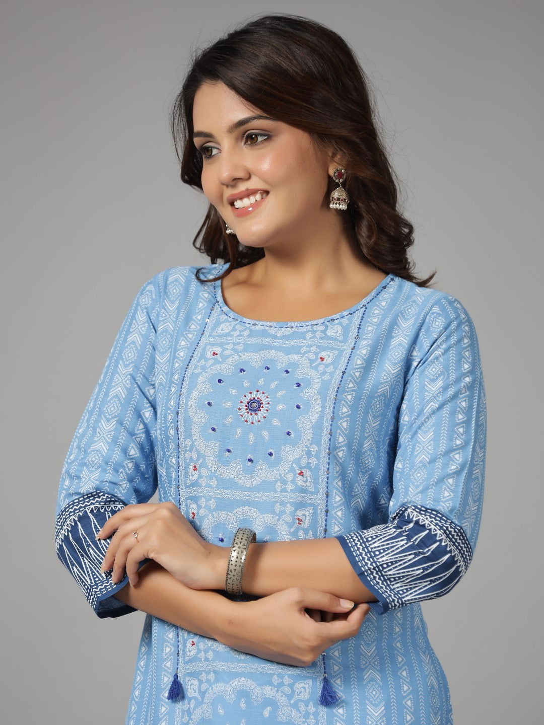 Juniper Women's Blue Ethnic Motif Printed Rayon Slub Kurta With Beads & Sequins - Swadesiicart