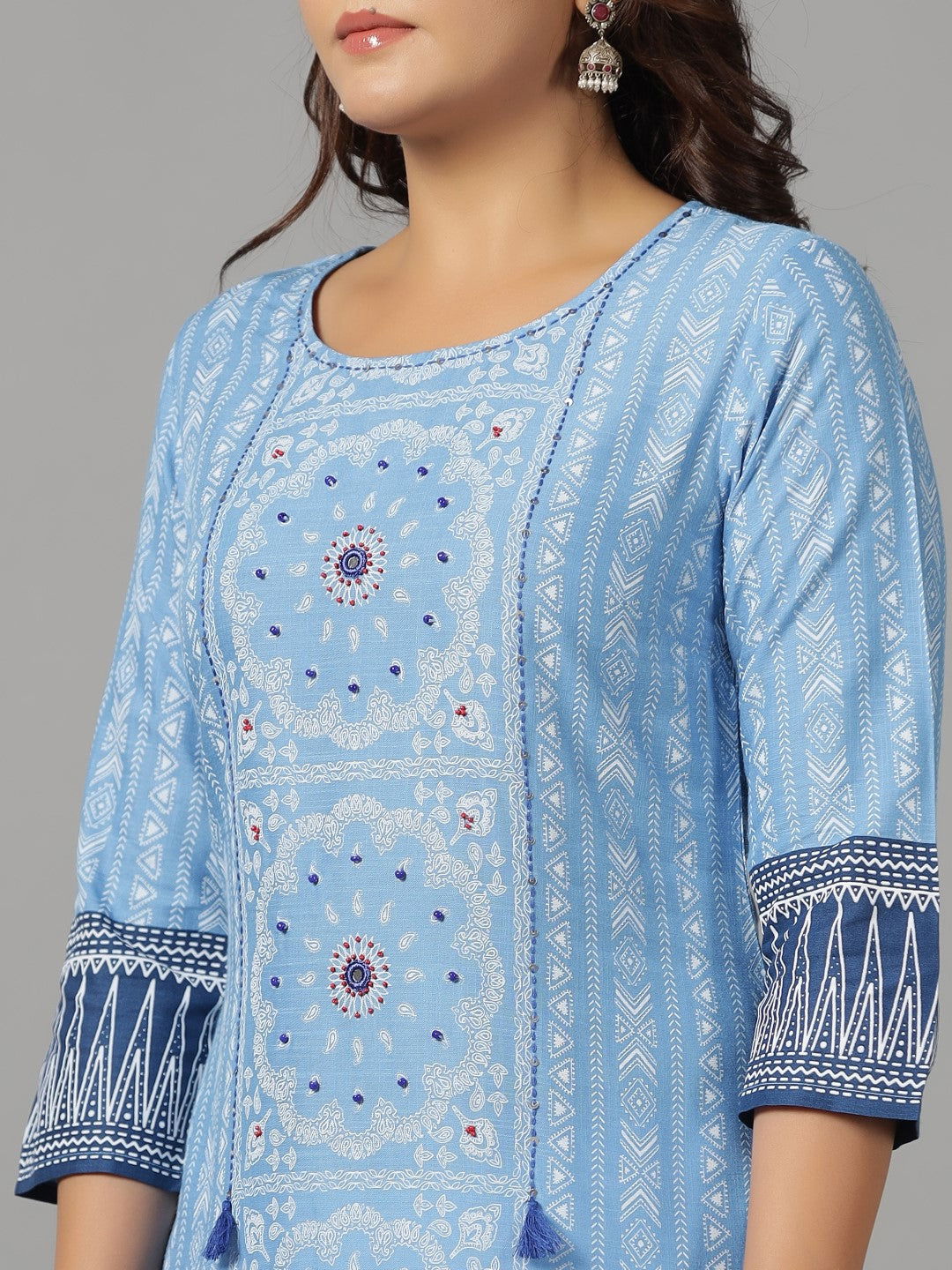 Juniper Women's Blue Ethnic Motif Printed Rayon Slub Kurta With Beads & Sequins - Swadesiicart