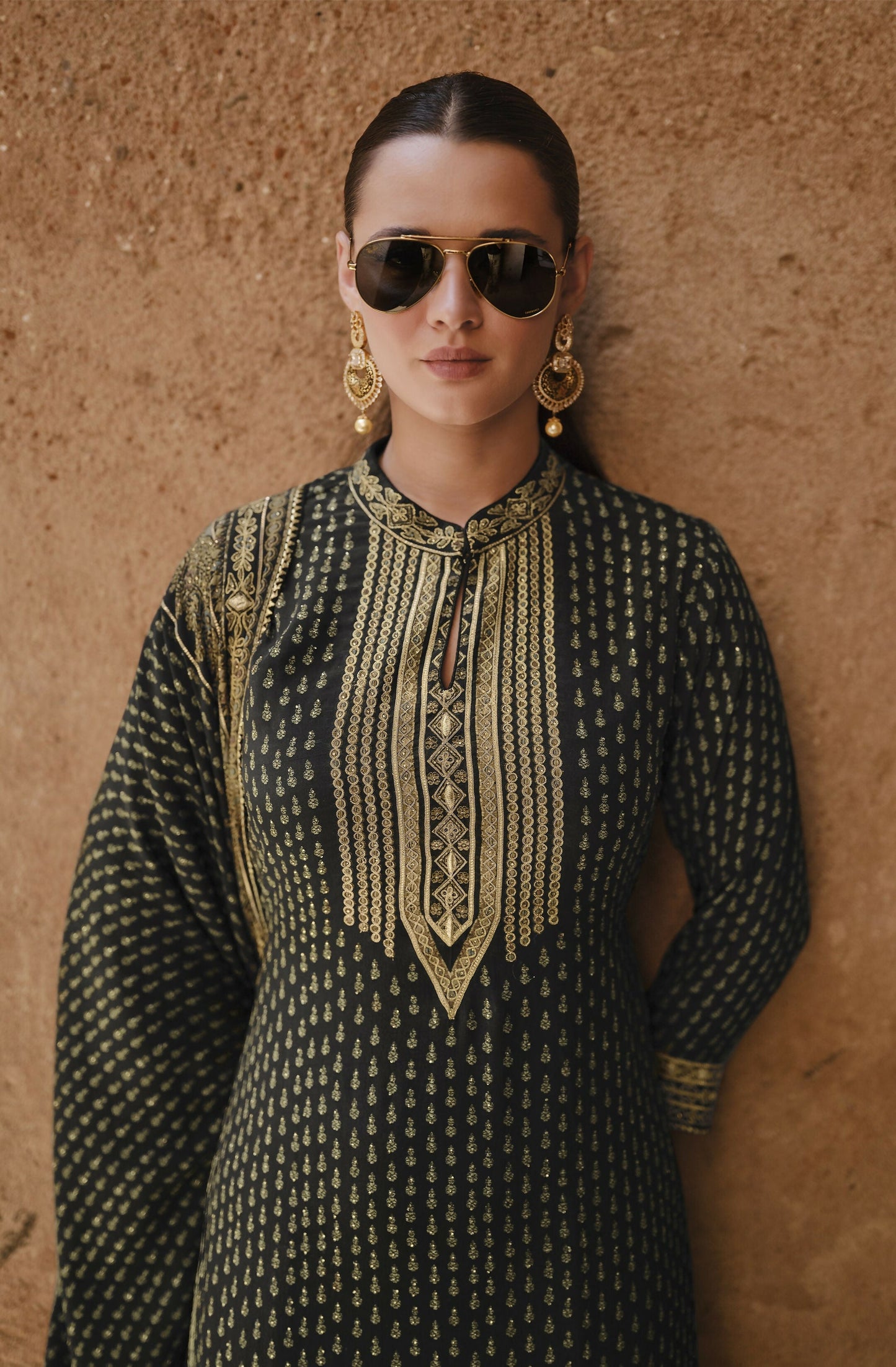 Anaita Black Silk Readymade Palazzo Suit with Swarovski Work