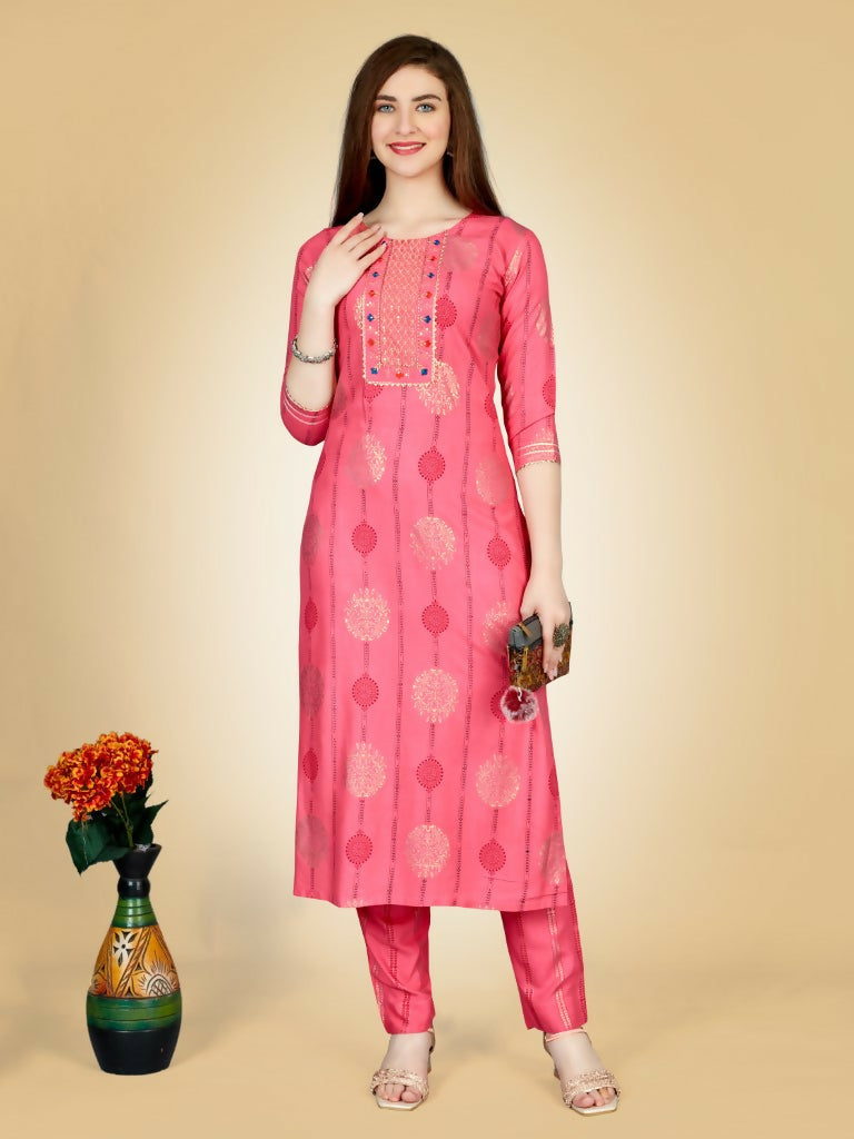 Jyoti Fashion Women's Pink Viscose Rayon Embroidered Kurta Pant Set | Swadesiicart