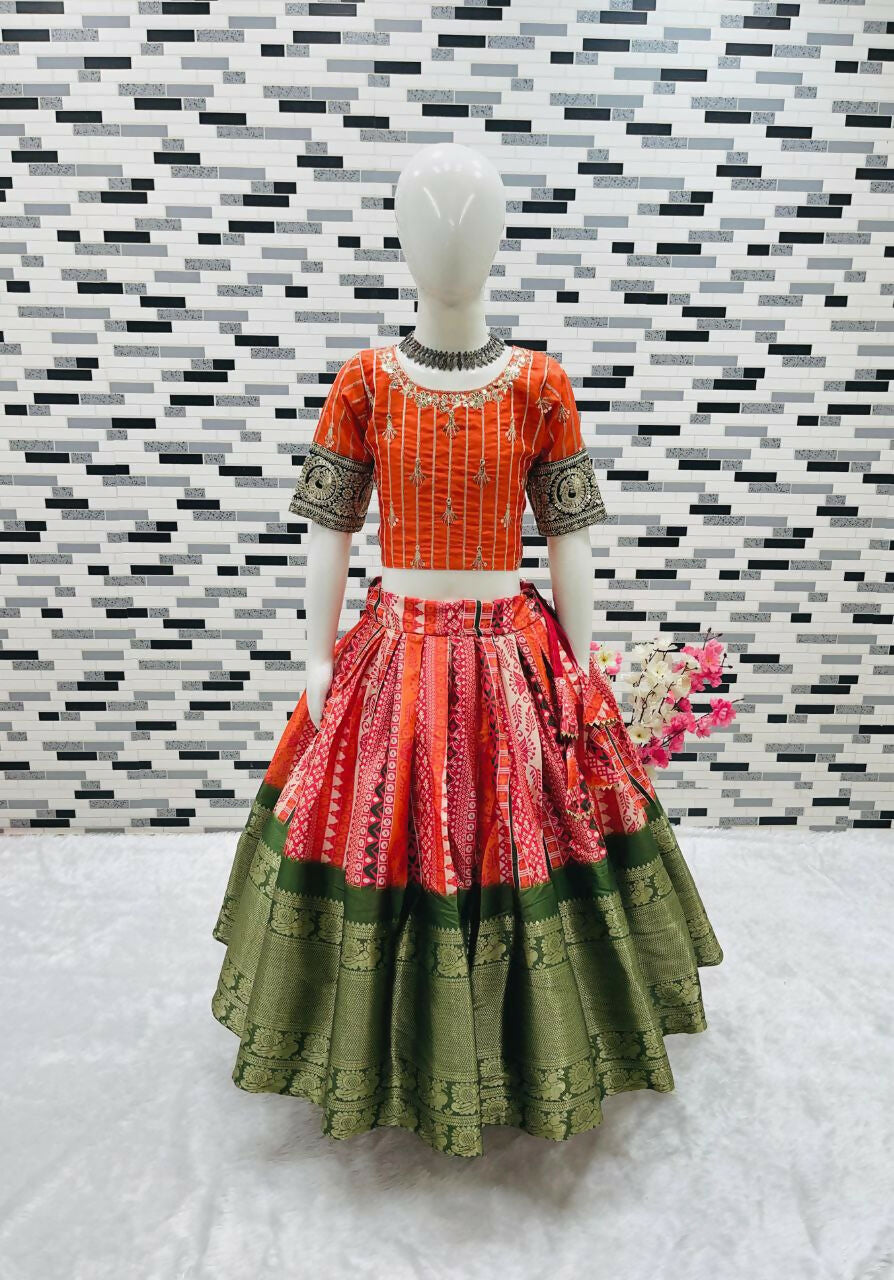 Jyoti Fashion Gorgeous Orange Pure Kota Silk Print with Zari Woven Kids Lehenga Choli Set | Swadesiicart