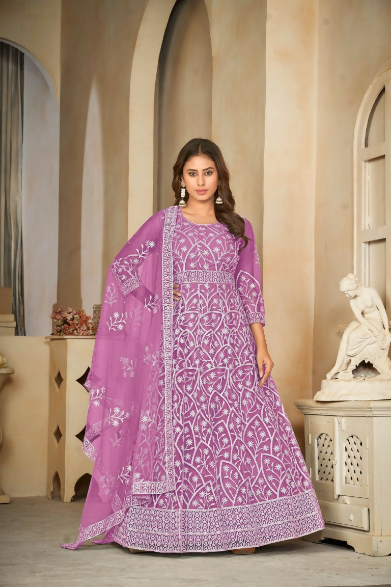 Jyoti Fashion Women's Purple Net Embroidered Anarkali Kurta Pant Set With Dupatta | Swadesiicart