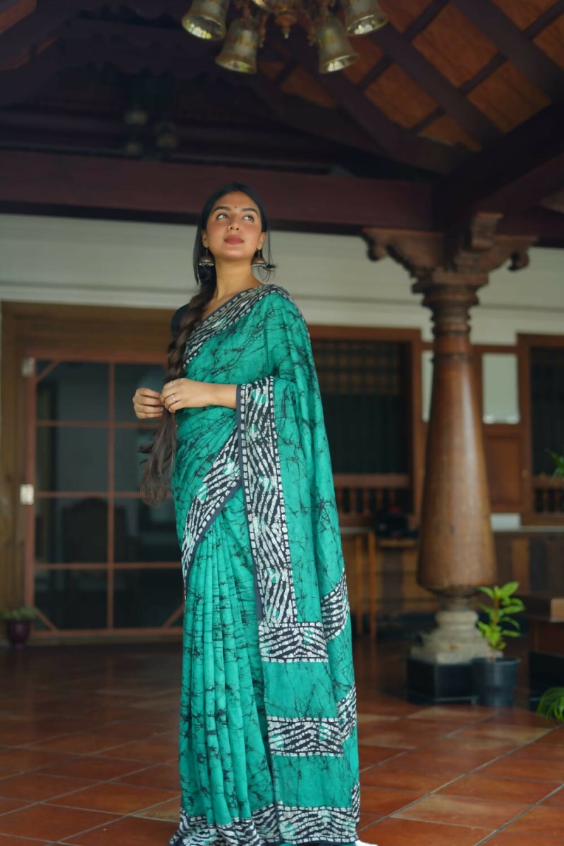Arfa Fashion House Rama Pure Chanderi Cotton Batik Printed Saree
