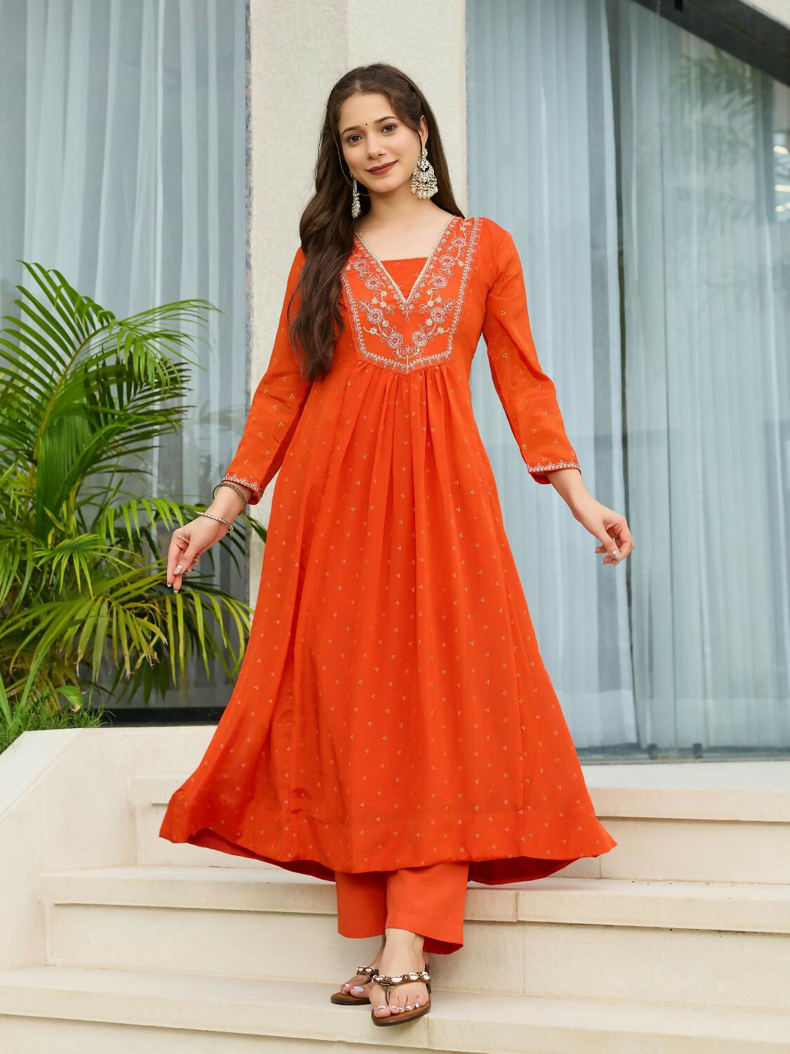 The52 Orange Women's Gorgeous Embroidered Chinon Fabric Flared Kurta Pant and Dupatta Set - Swadesiicart