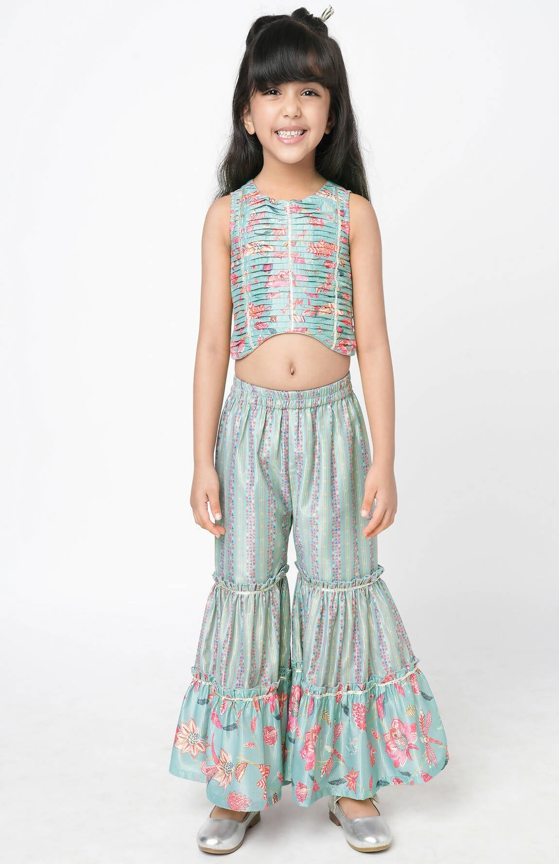 Lil Drama Golden Weaves Blue Crop Top With Palazzo Co-Ordinate Set - Swadesiicart