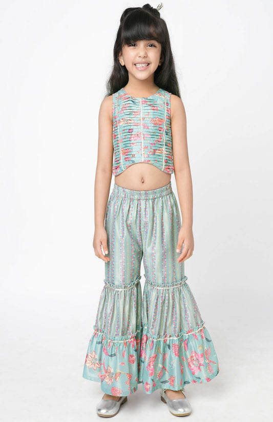 Lil Drama Golden Weaves Blue Crop Top With Palazzo Co-Ordinate Set - Swadesiicart