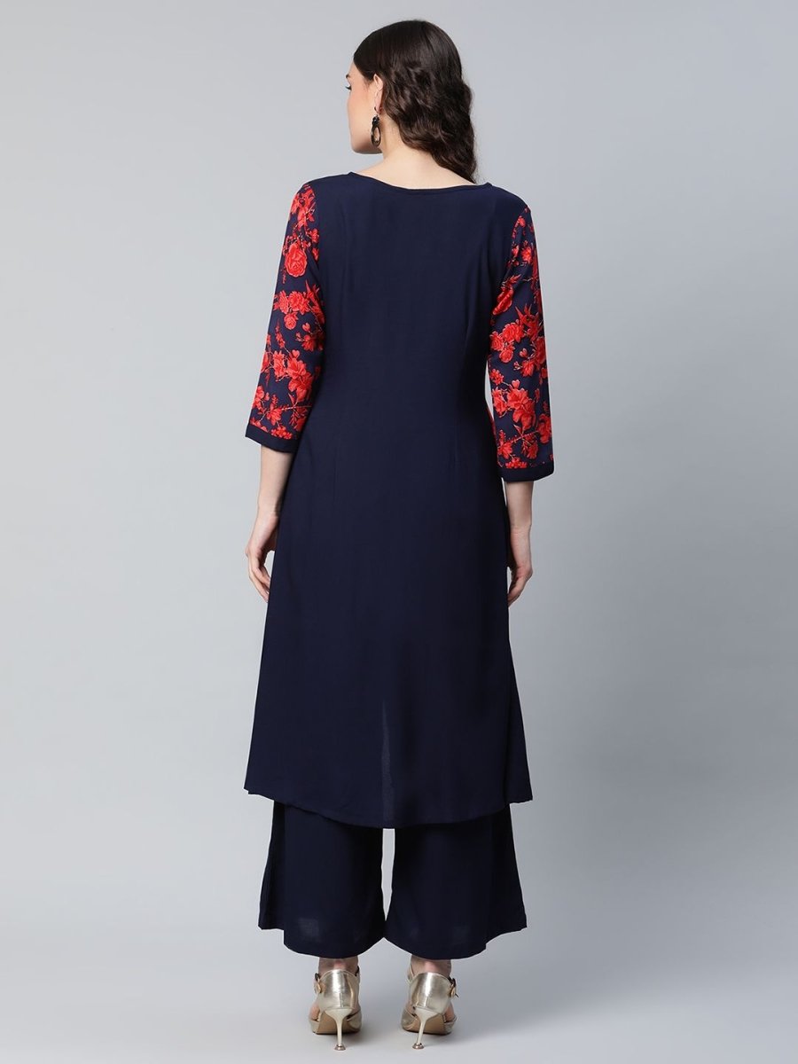 Ahalyaa Women's Navy Blue Rayon Wax Printed Kurta Palazzo Set | Swadesiicart