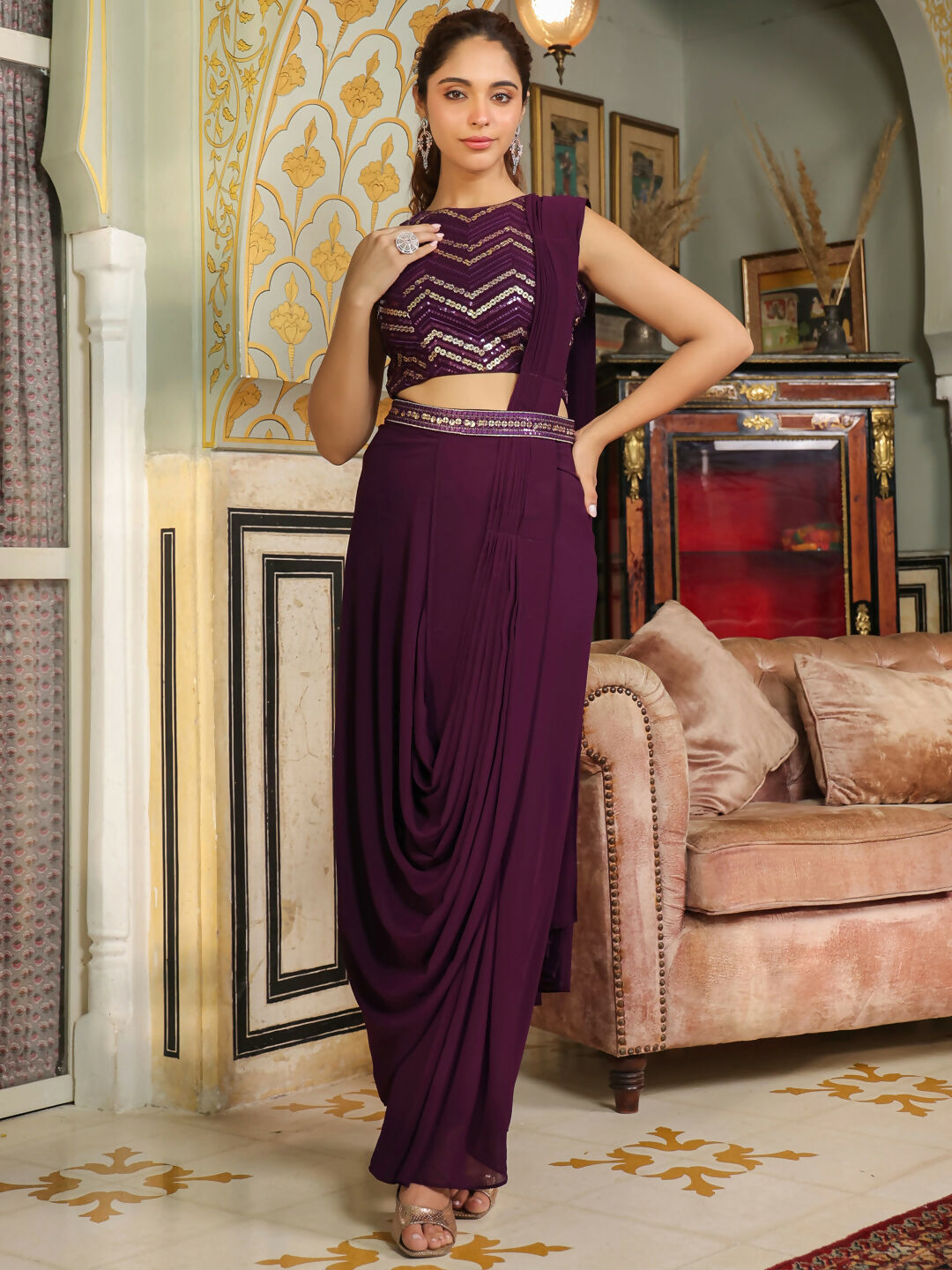 Janasya Purple Georgette Sequined Saree and Blouse | Swadesiicart