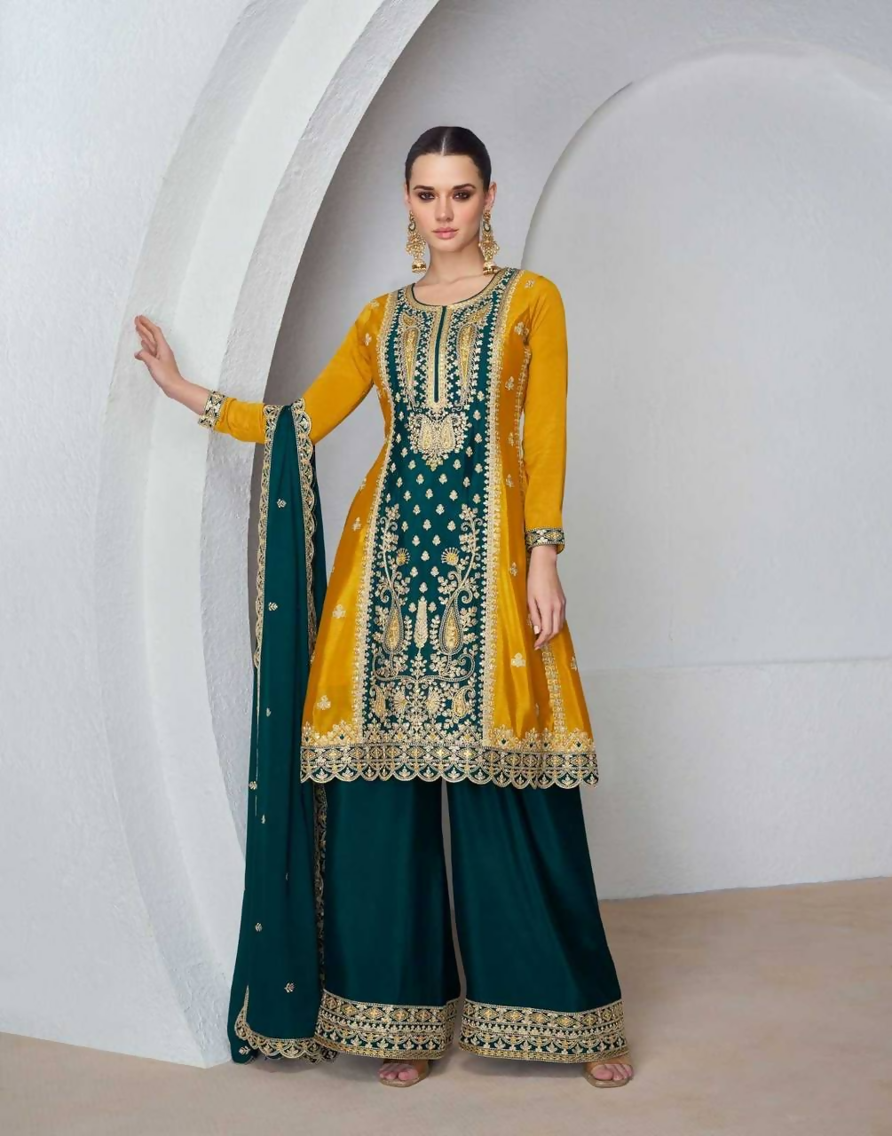 Lorenvalley Fashion Yellow and Rama Chinon Embroidery With Sequince Work Salwar Kameez Stitched | Swadesiicart