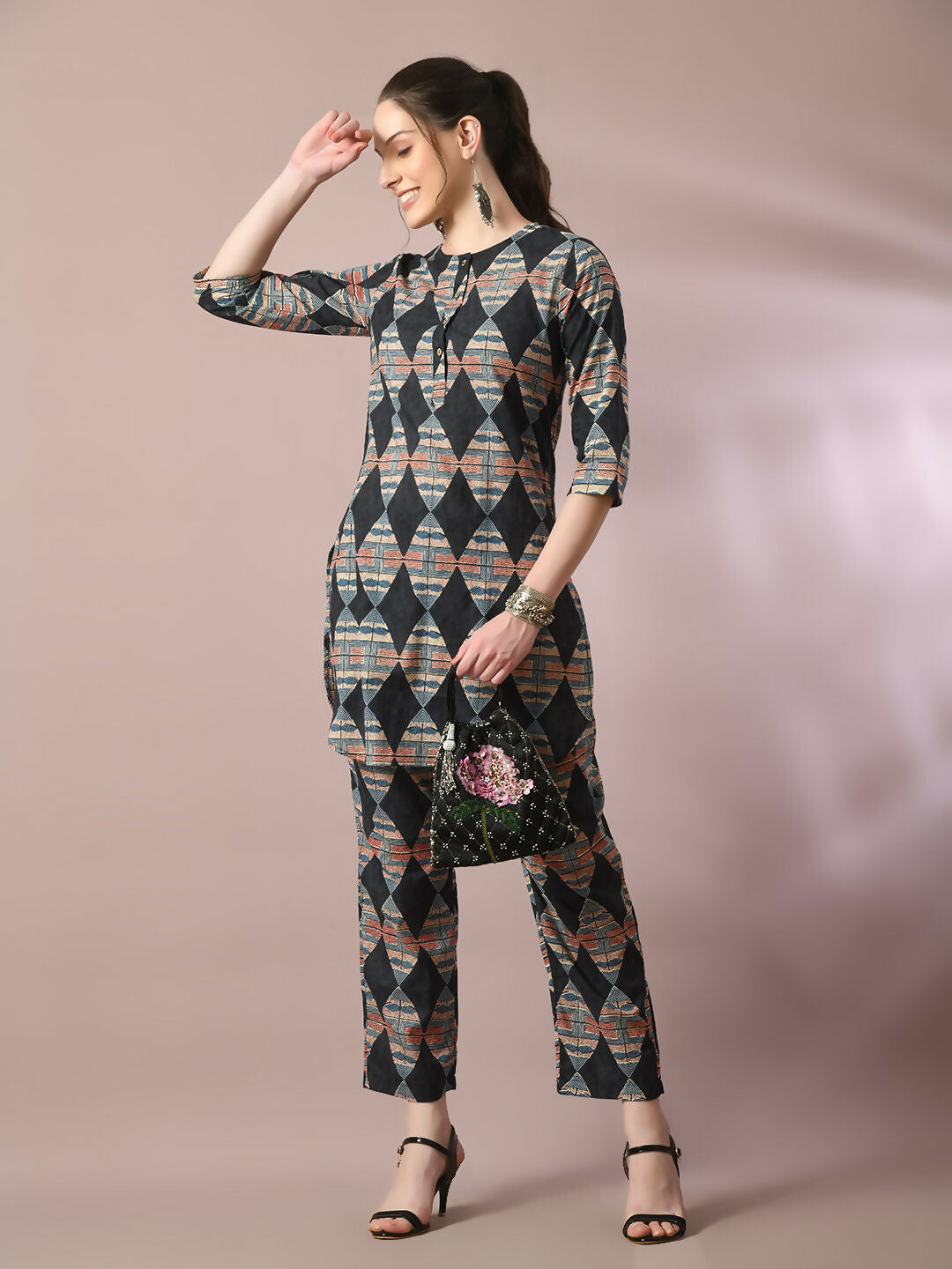 Myshka Women's Multi Printed Cotton Round Neck Party Tunic With Trousers Co-ord set - Swadesiicart