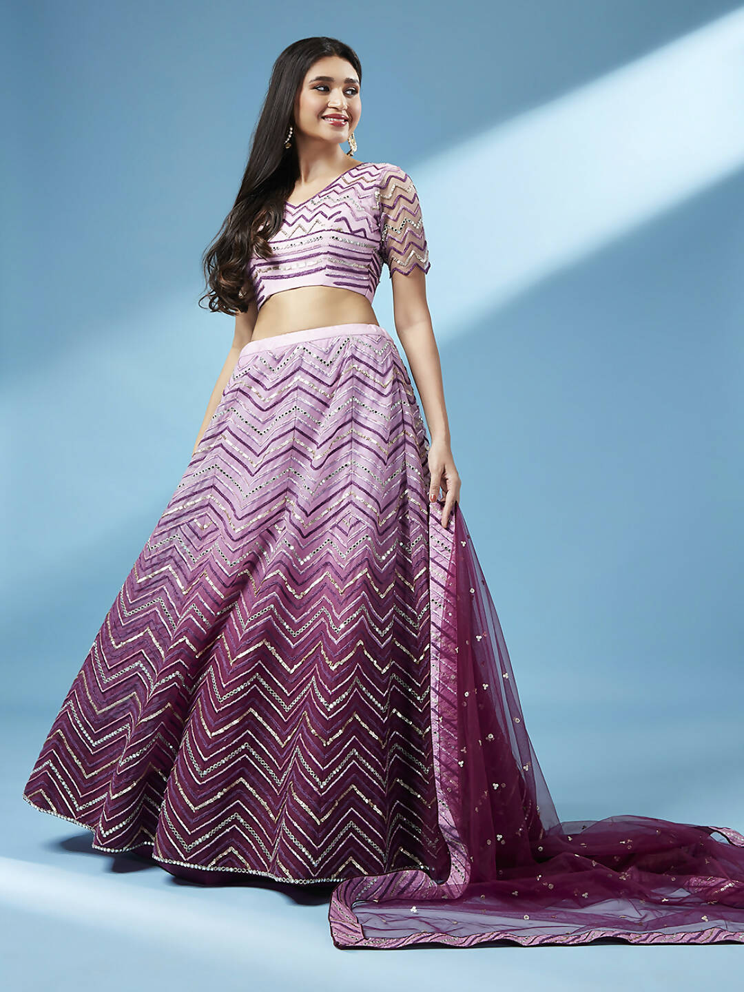 House of Panchhi Women Lavender Net Zig-Zag Embroideried Lehenga, Blouse & Dupatta | Swadesiicart
