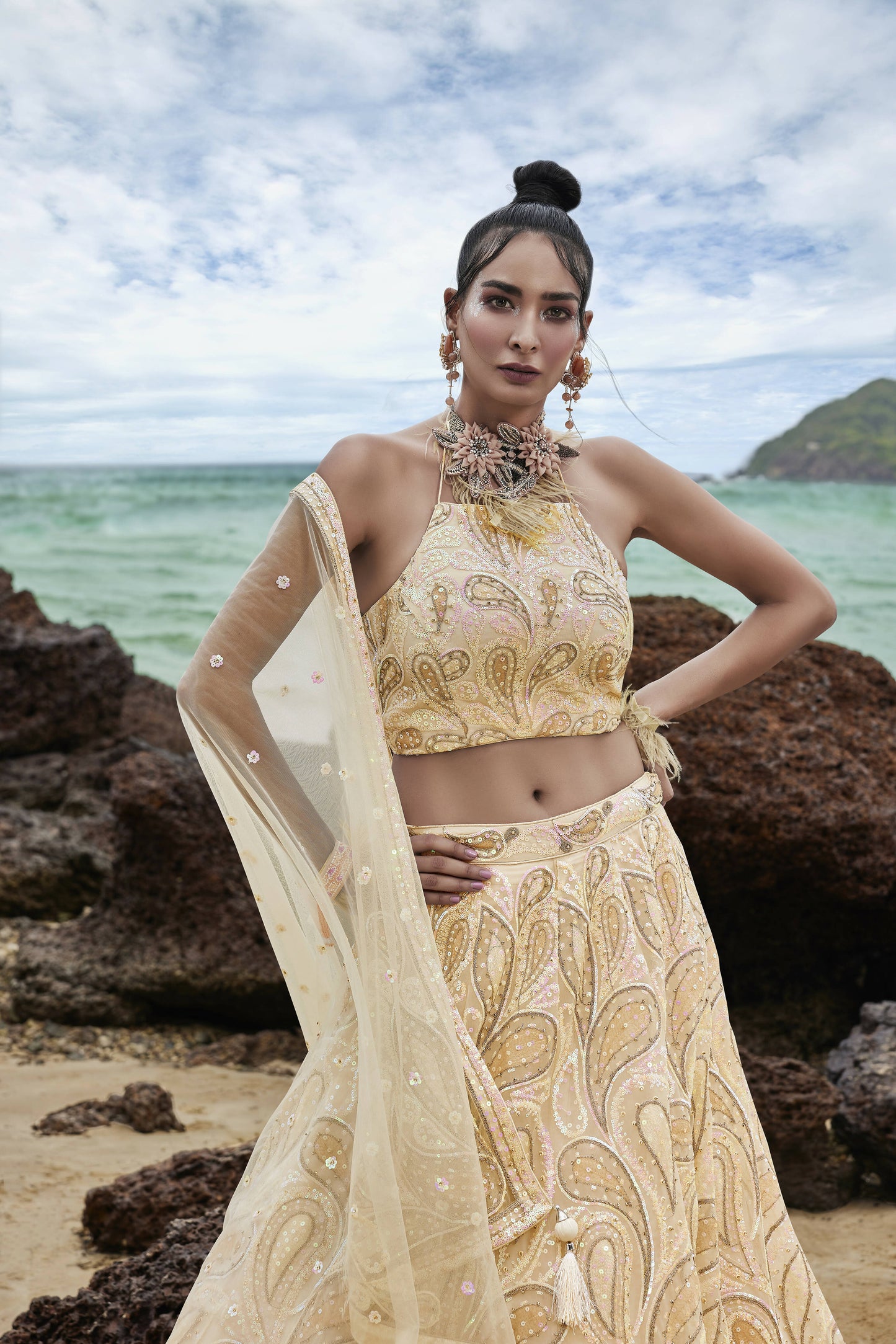 House of Panchhi Cream Net Multi Sequins with heavy Zarkan embroidery Lehenga choli & Dupatta | Swadesiicart