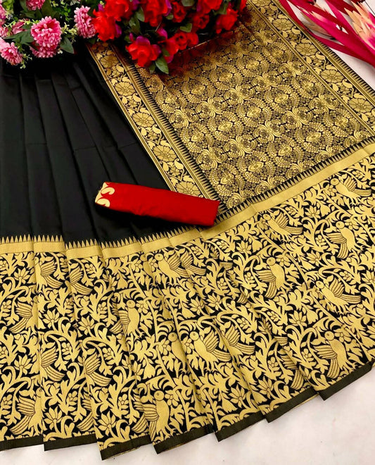 DEIANA'S Beautiful Designer Golden zari Soft Lichi Silk Saree - Black - Swadesiicart