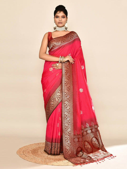 Joban Fashion Rani Pink & Bottle Green Plain With Weaving Border Banarasi Silk Sarees | Swadesiicart