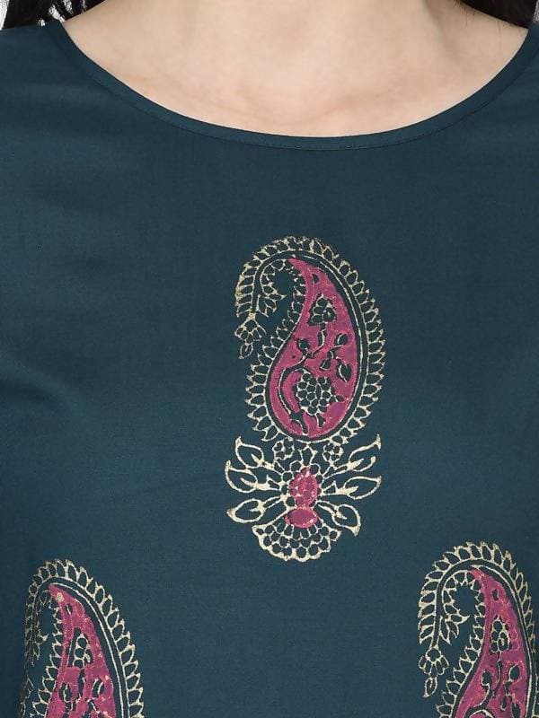 Aniyah Rayon Teal Blue Color Block Print Straight Kurta (AN-224K) - Swadesiicart
