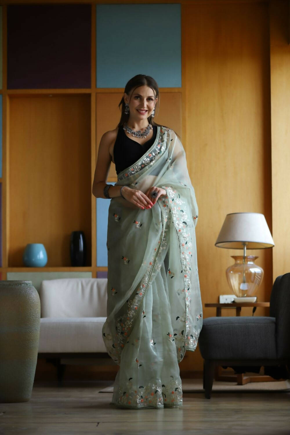 Vamsee Green Organza Saree - Swadesiicart