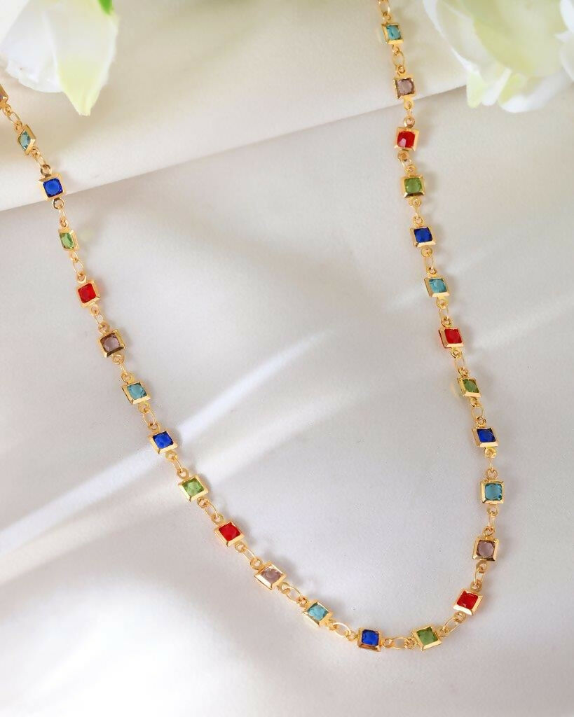 VOJ Women Gold-Polished Square Shaped Multi Color Chain | Swadesiicart