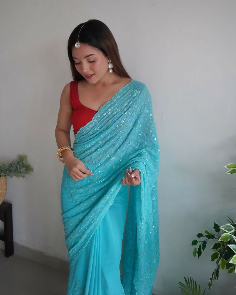 Vamsee Trendy Sequence Sky Blue Georgette Saree - Swadesiicart