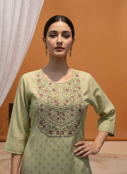 BulBul Pista Green Silk Kurta Set with Floral Embroidered Yoke - Swadesiicart