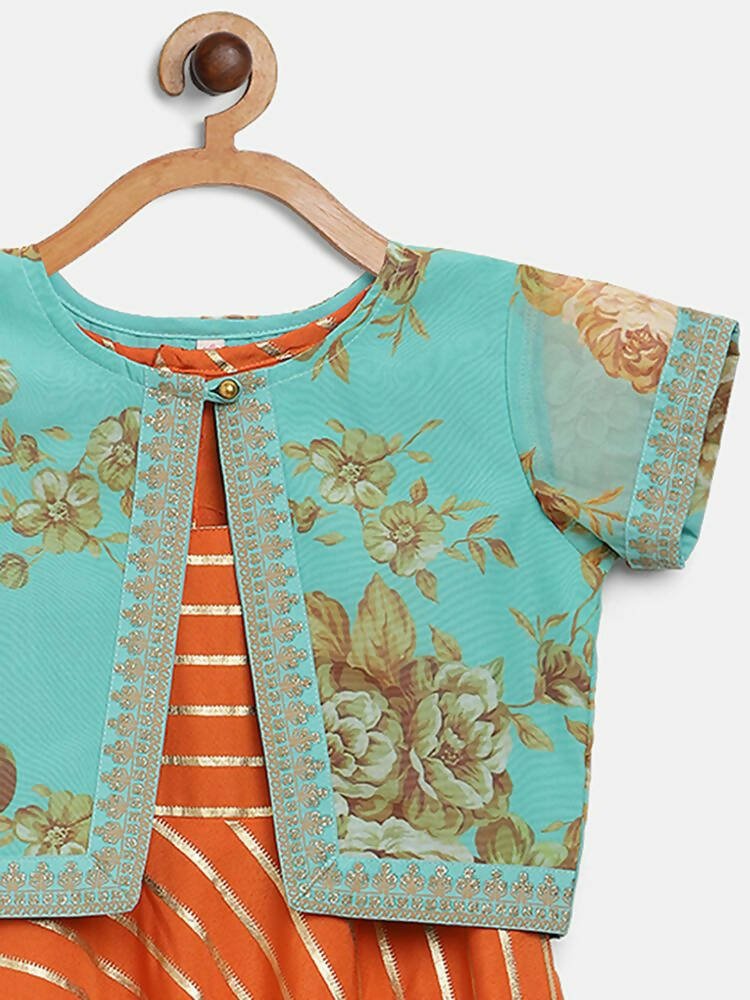 Ahalyaa Orange Crepe Gold Stripped Printed Kids Dress With Jacket For Girls | Swadesiicart