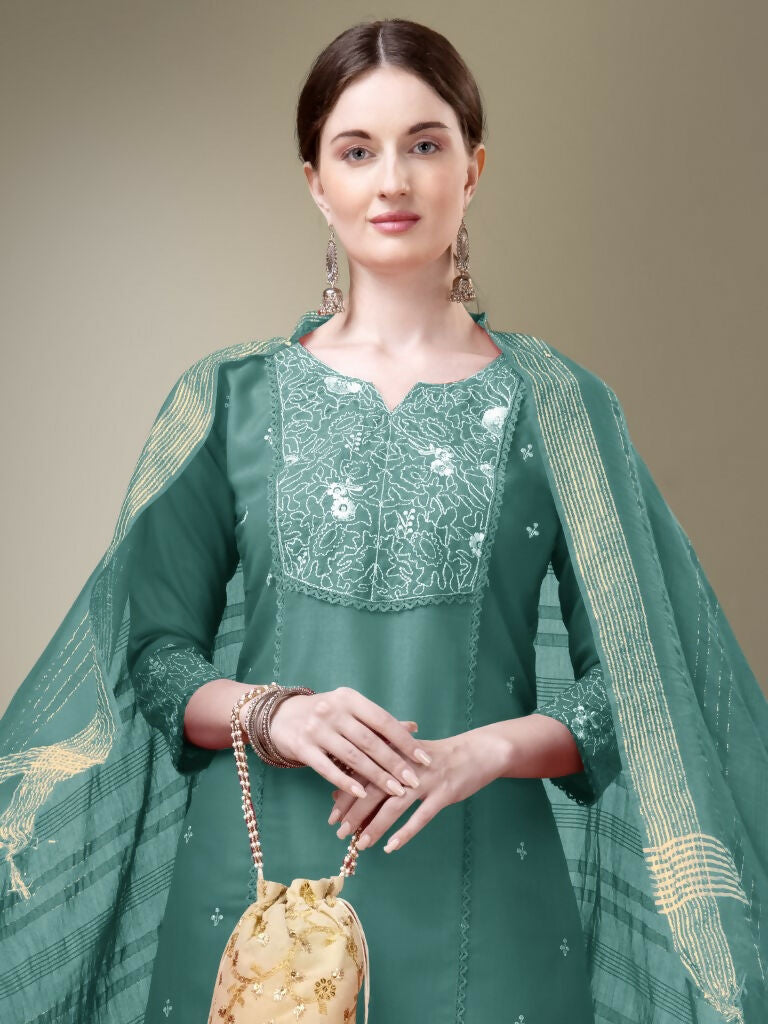 Jyoti Fashion Women's Teal Cotton Blend Embroidery & Fancy Lace work Kurta with Trouser & Dupatta | Swadesiicart
