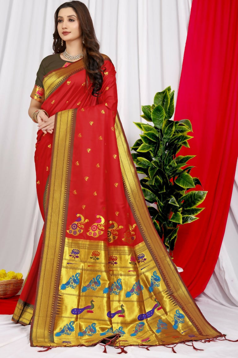 Jyoti Fashion Women's Maroon Paithani Silk Zari Woven Saree with Blouse | Swadesiicart
