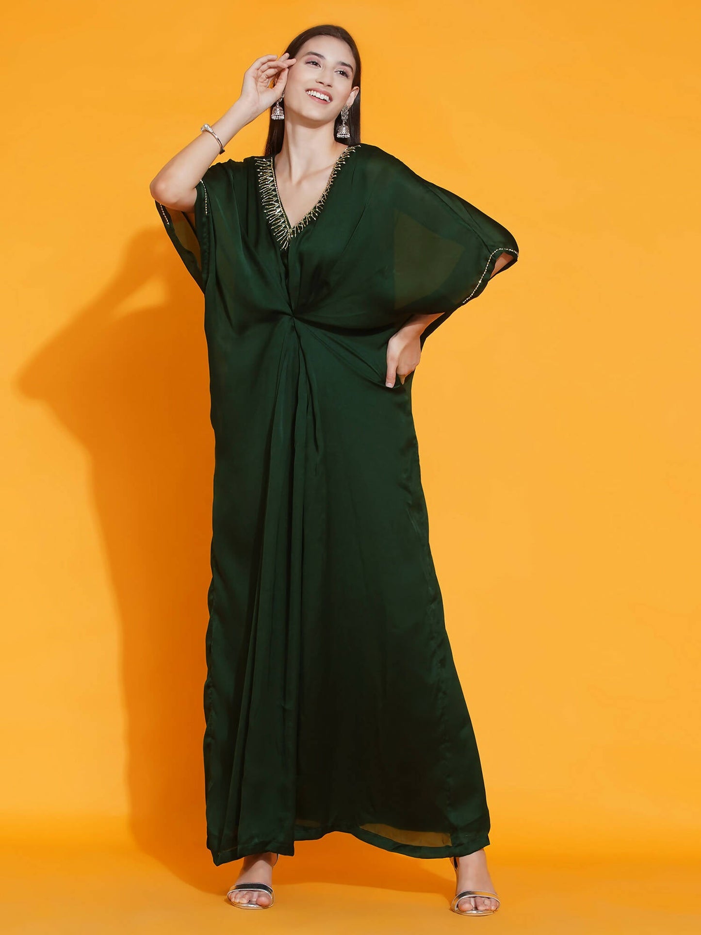 Women Republic Green Georgette Hand Embellished Kaftan Style Gown | Swadesiicart