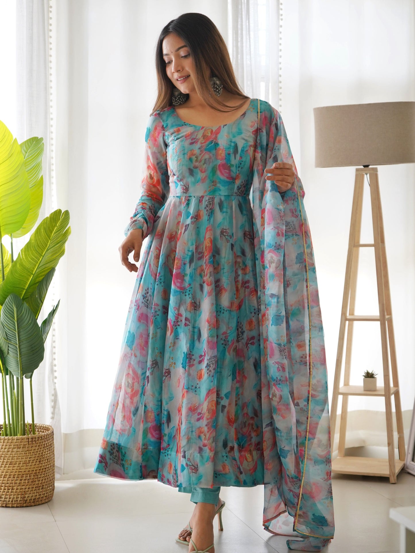 Teeya Creation Multicolor Digital Print Soft organza Anarkali With Pants And Dupatta - Swadesiicart