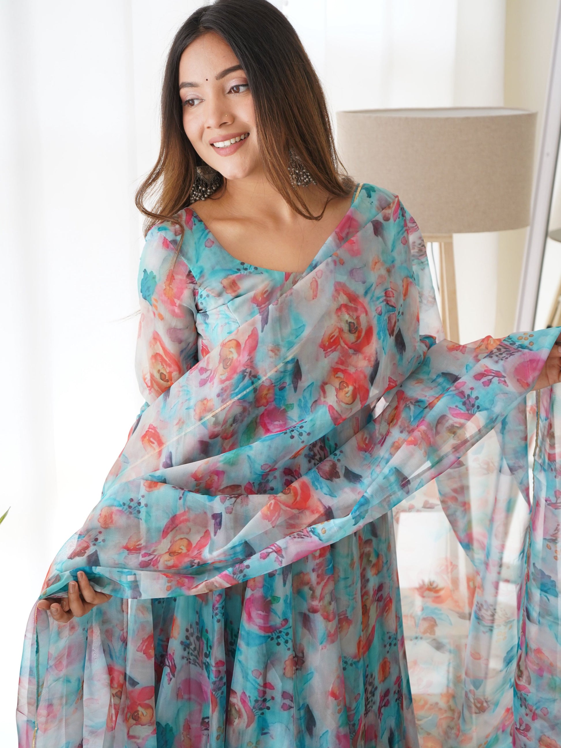 Teeya Creation Multicolor Digital Print Soft organza Anarkali With Pants And Dupatta - Swadesiicart