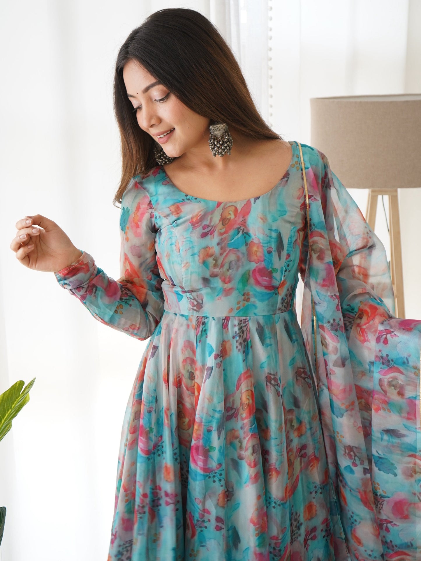 Teeya Creation Multicolor Digital Print Soft organza Anarkali With Pants And Dupatta - Swadesiicart