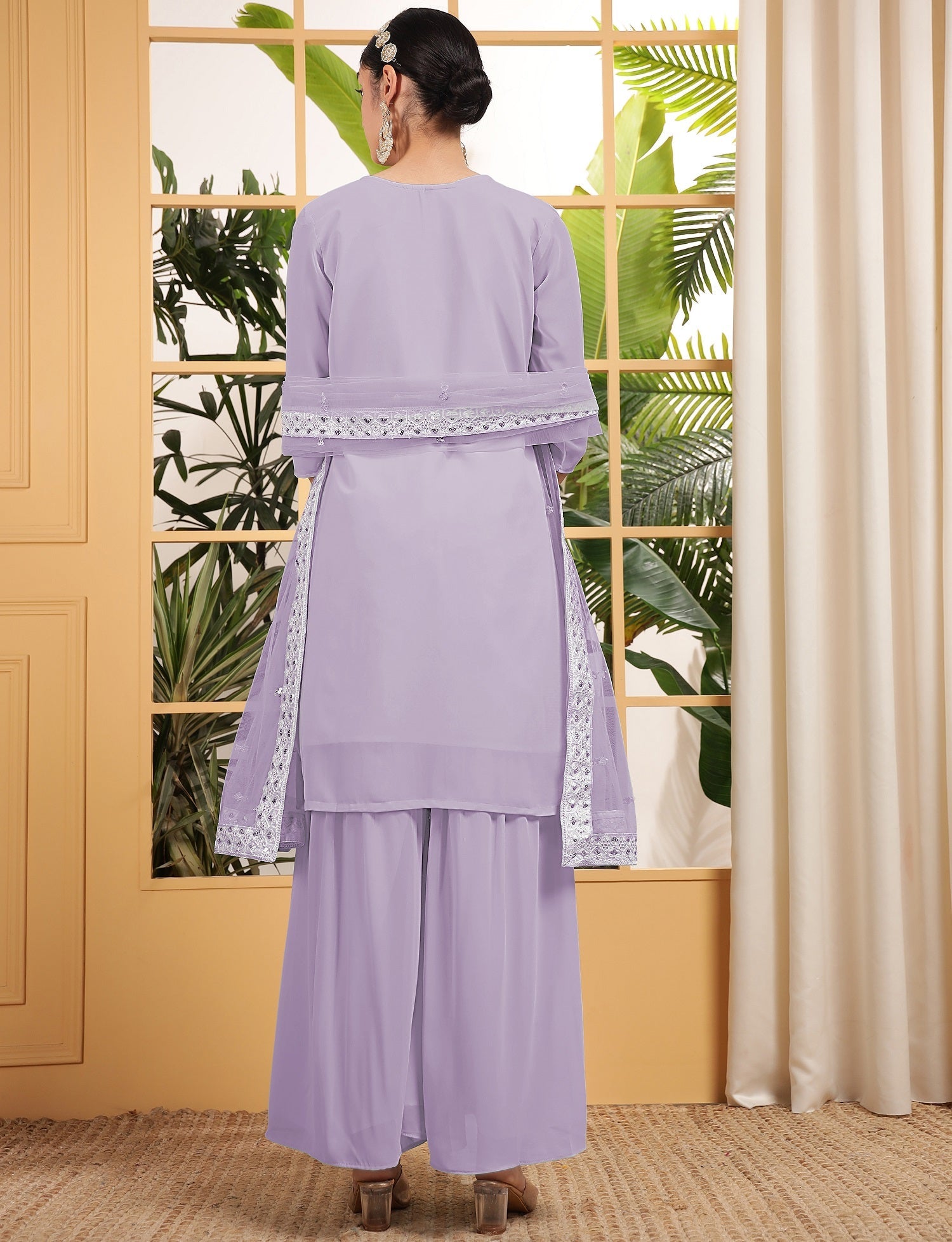 Teeya Creation Lavender Color Georgette Fabric Heavy Embroidery Work Fully Stitched Palazzo Set - Swadesiicart