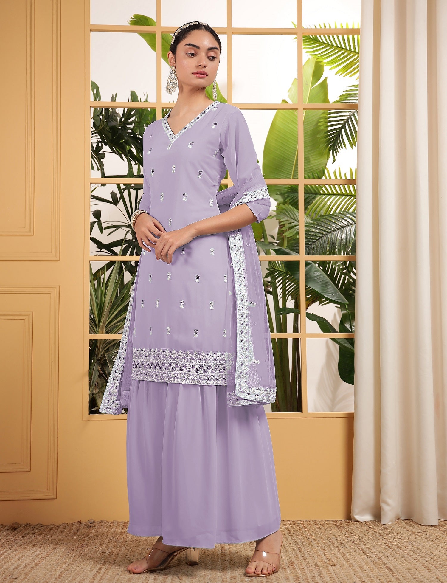 Teeya Creation Lavender Color Georgette Fabric Heavy Embroidery Work Fully Stitched Palazzo Set - Swadesiicart