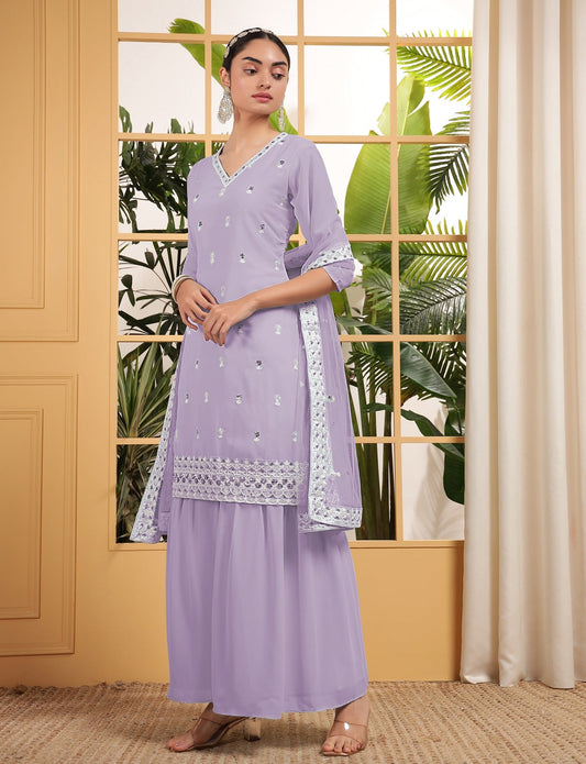 Teeya Creation Lavender Color Georgette Fabric Heavy Embroidery Work Fully Stitched Palazzo Set - Swadesiicart
