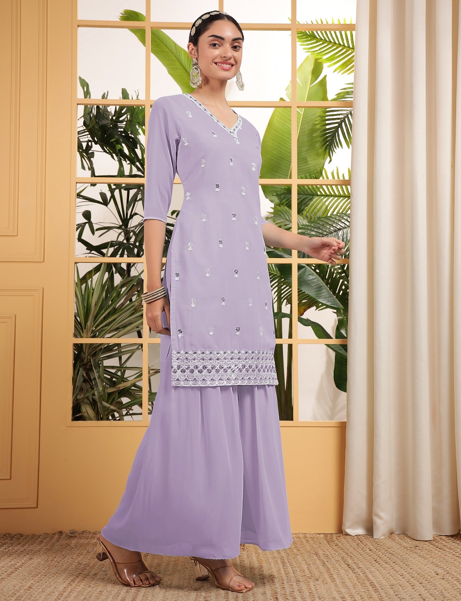 Teeya Creation Lavender Color Georgette Fabric Heavy Embroidery Work Fully Stitched Palazzo Set - Swadesiicart