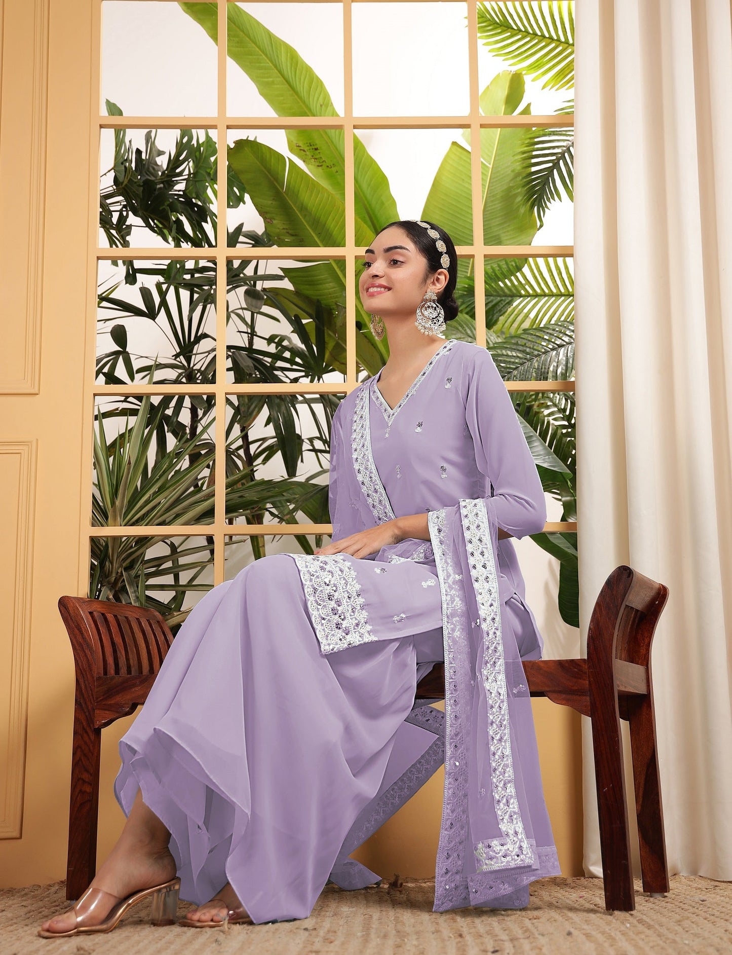 Teeya Creation Lavender Color Georgette Fabric Heavy Embroidery Work Fully Stitched Palazzo Set - Swadesiicart