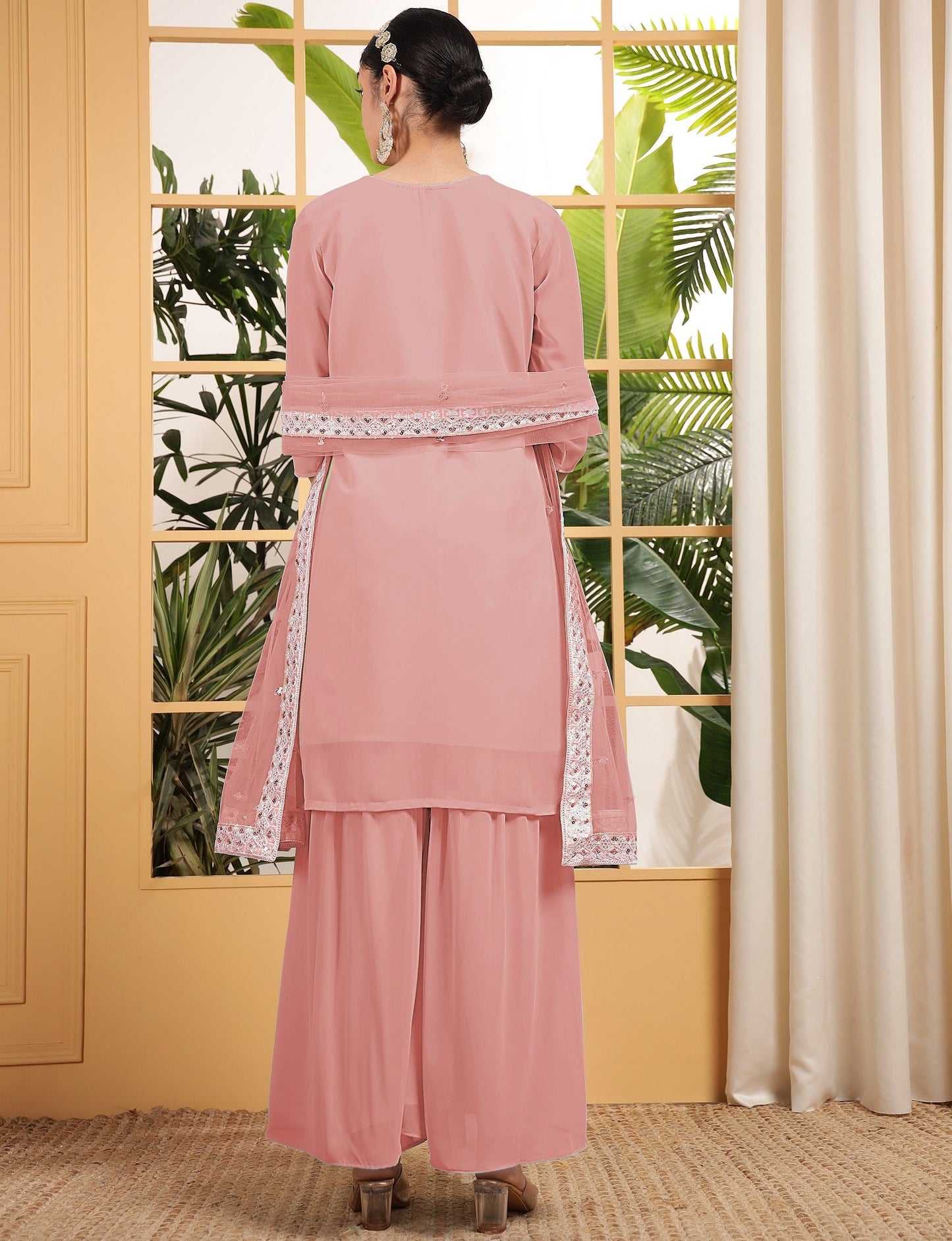 Teeya Creation Peach Color Georgette Fabric Heavy Embroidery Work Fully Stitched Palazzo Set - Swadesiicart