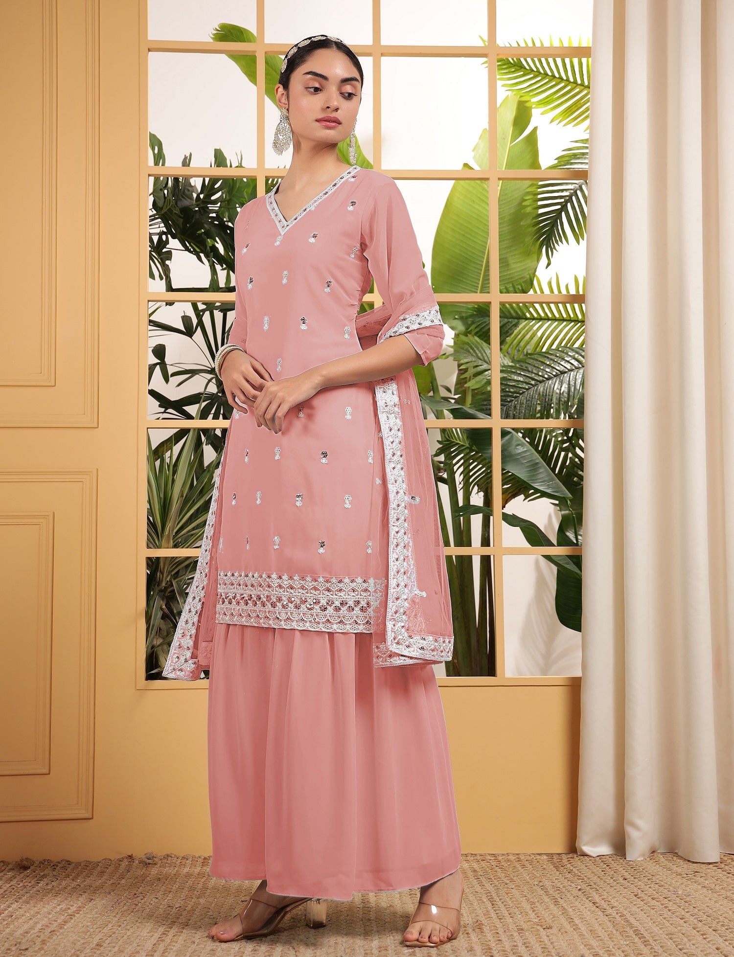 Teeya Creation Peach Color Georgette Fabric Heavy Embroidery Work Fully Stitched Palazzo Set - Swadesiicart