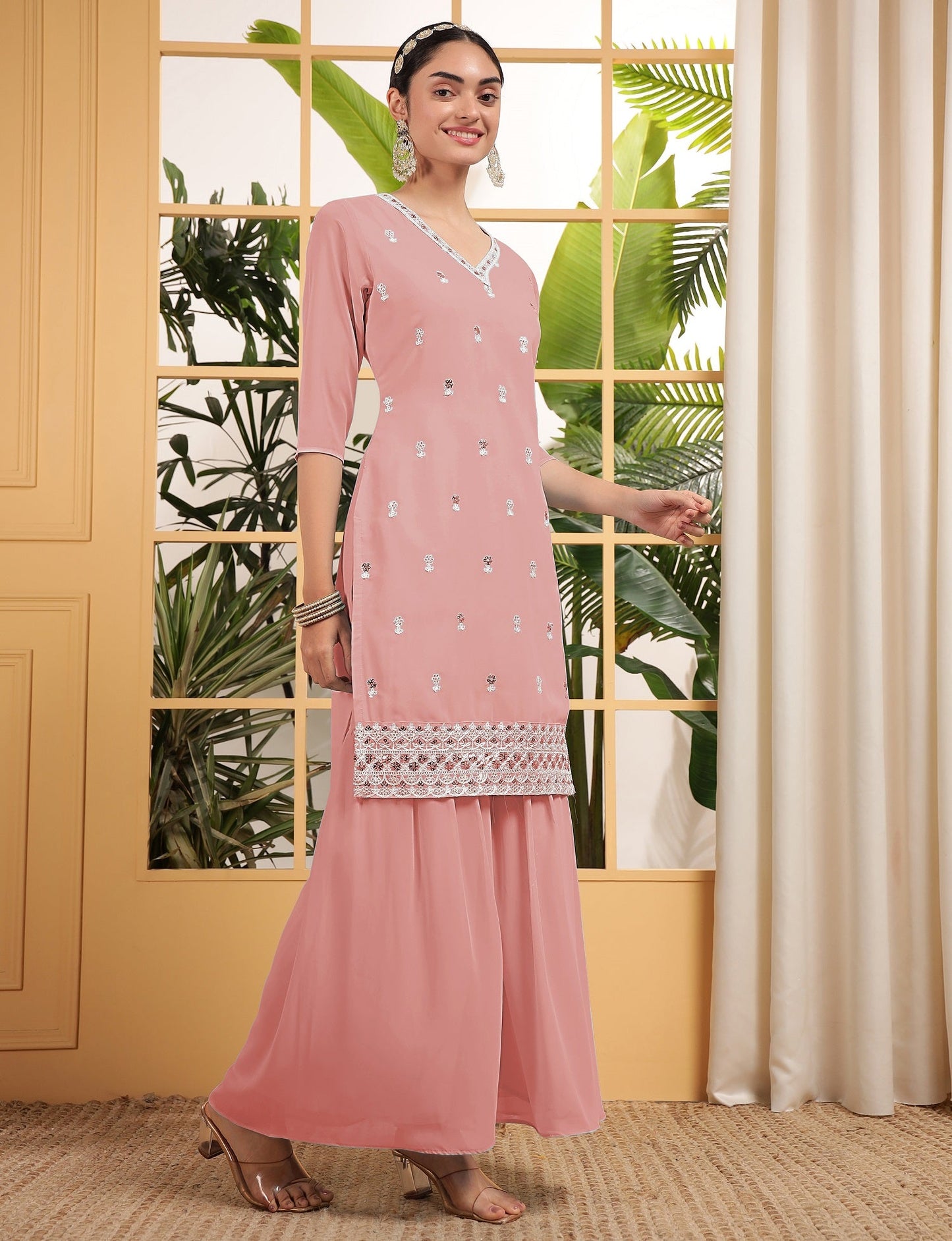 Teeya Creation Peach Color Georgette Fabric Heavy Embroidery Work Fully Stitched Palazzo Set - Swadesiicart