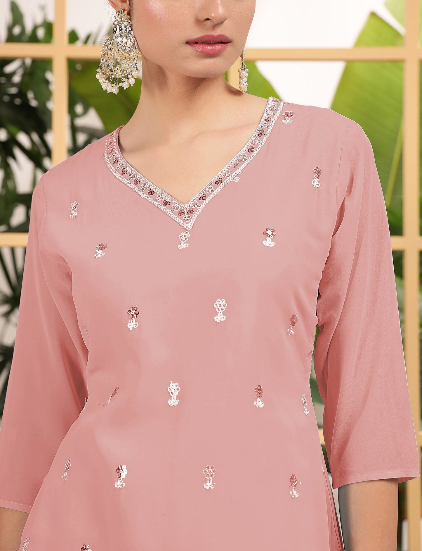 Teeya Creation Peach Color Georgette Fabric Heavy Embroidery Work Fully Stitched Palazzo Set - Swadesiicart