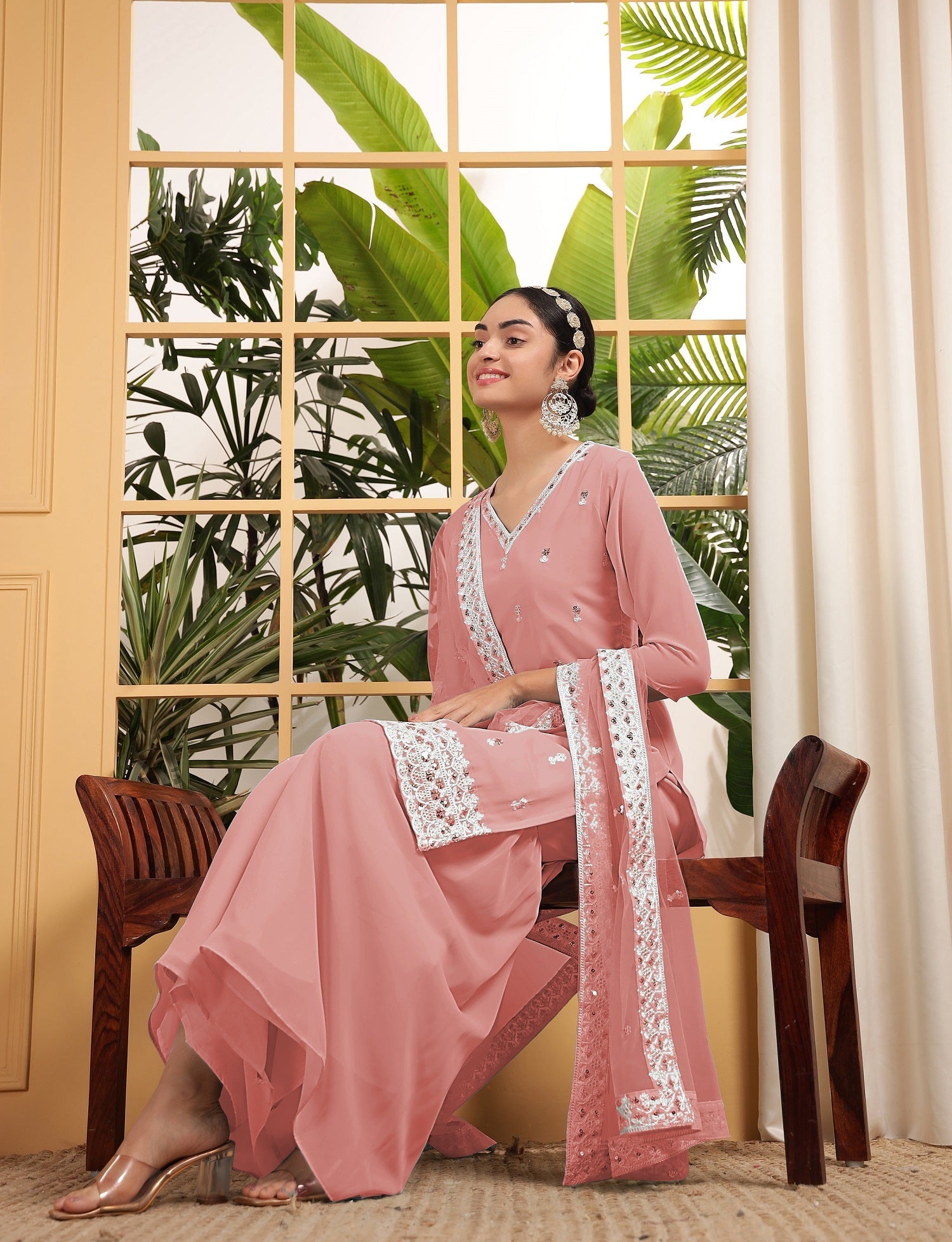 Teeya Creation Peach Color Georgette Fabric Heavy Embroidery Work Fully Stitched Palazzo Set - Swadesiicart
