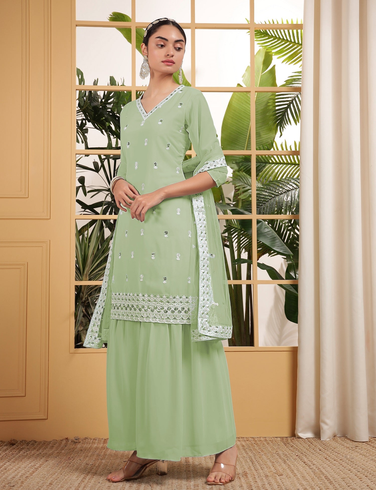 Teeya Creation Pista Color Georgette Fabric Heavy Embroidery Work Fully Stitched Palazzo Set - Swadesiicart