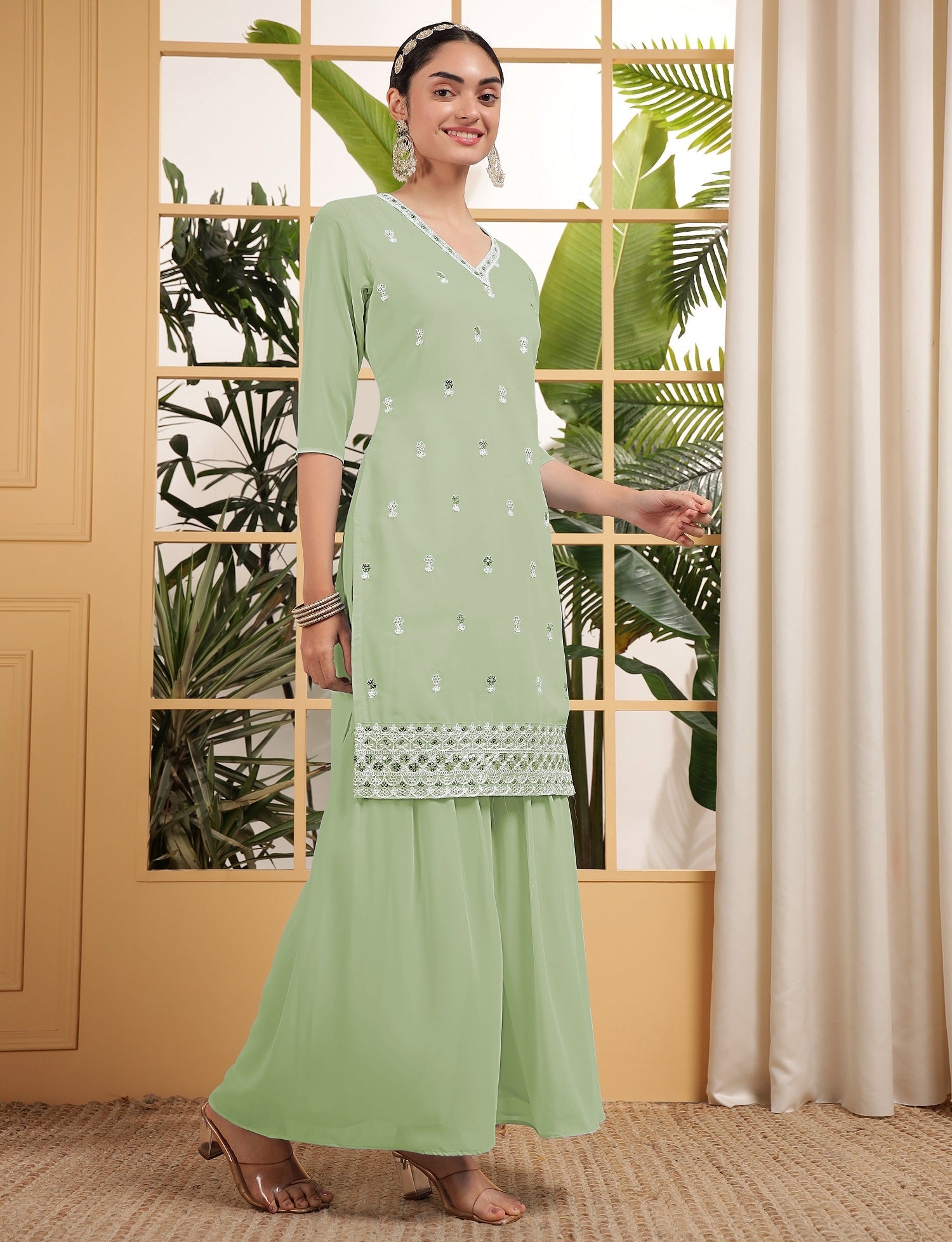Teeya Creation Pista Color Georgette Fabric Heavy Embroidery Work Fully Stitched Palazzo Set - Swadesiicart