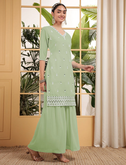 Teeya Creation Pista Color Georgette Fabric Heavy Embroidery Work Fully Stitched Palazzo Set - Swadesiicart