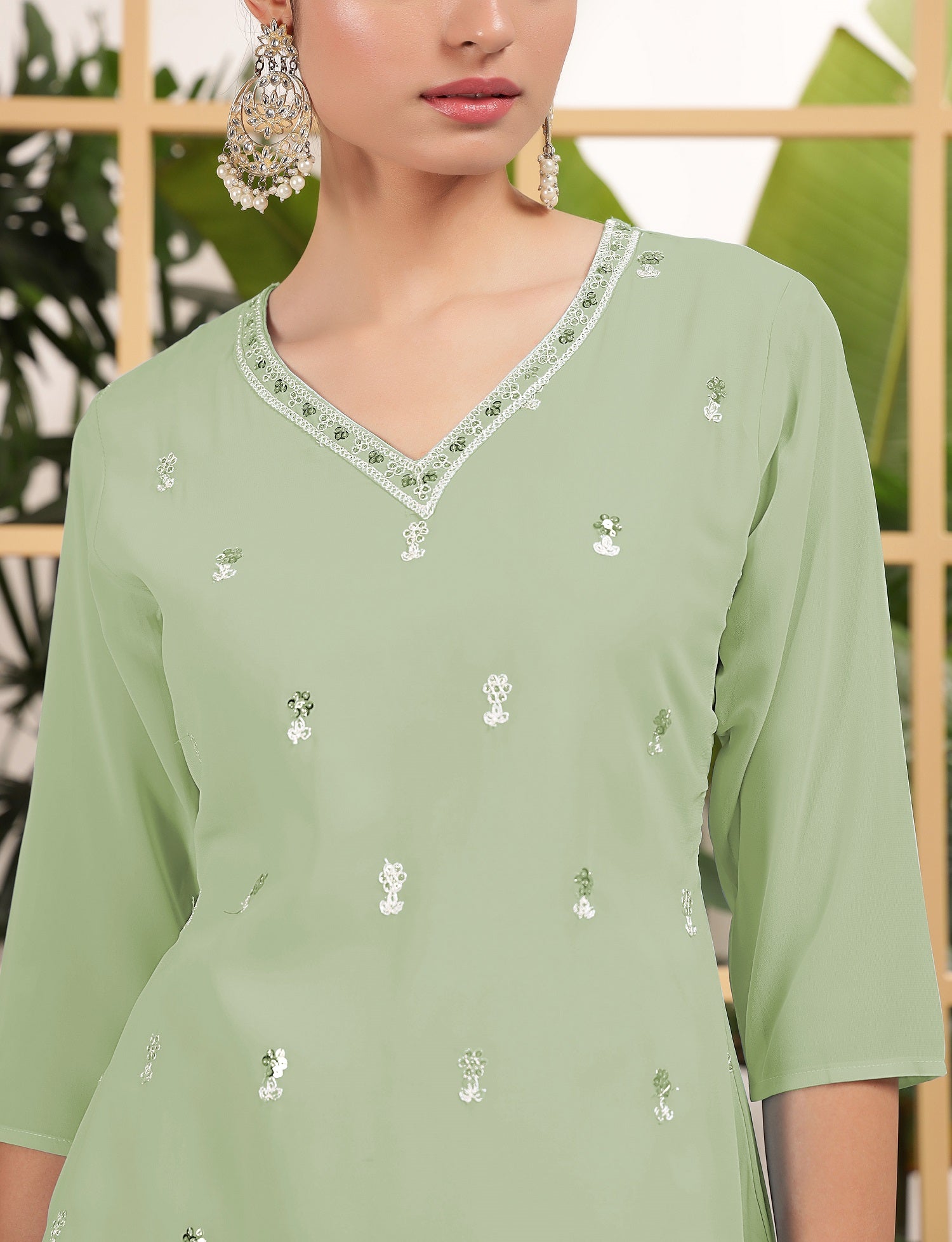 Teeya Creation Pista Color Georgette Fabric Heavy Embroidery Work Fully Stitched Palazzo Set - Swadesiicart
