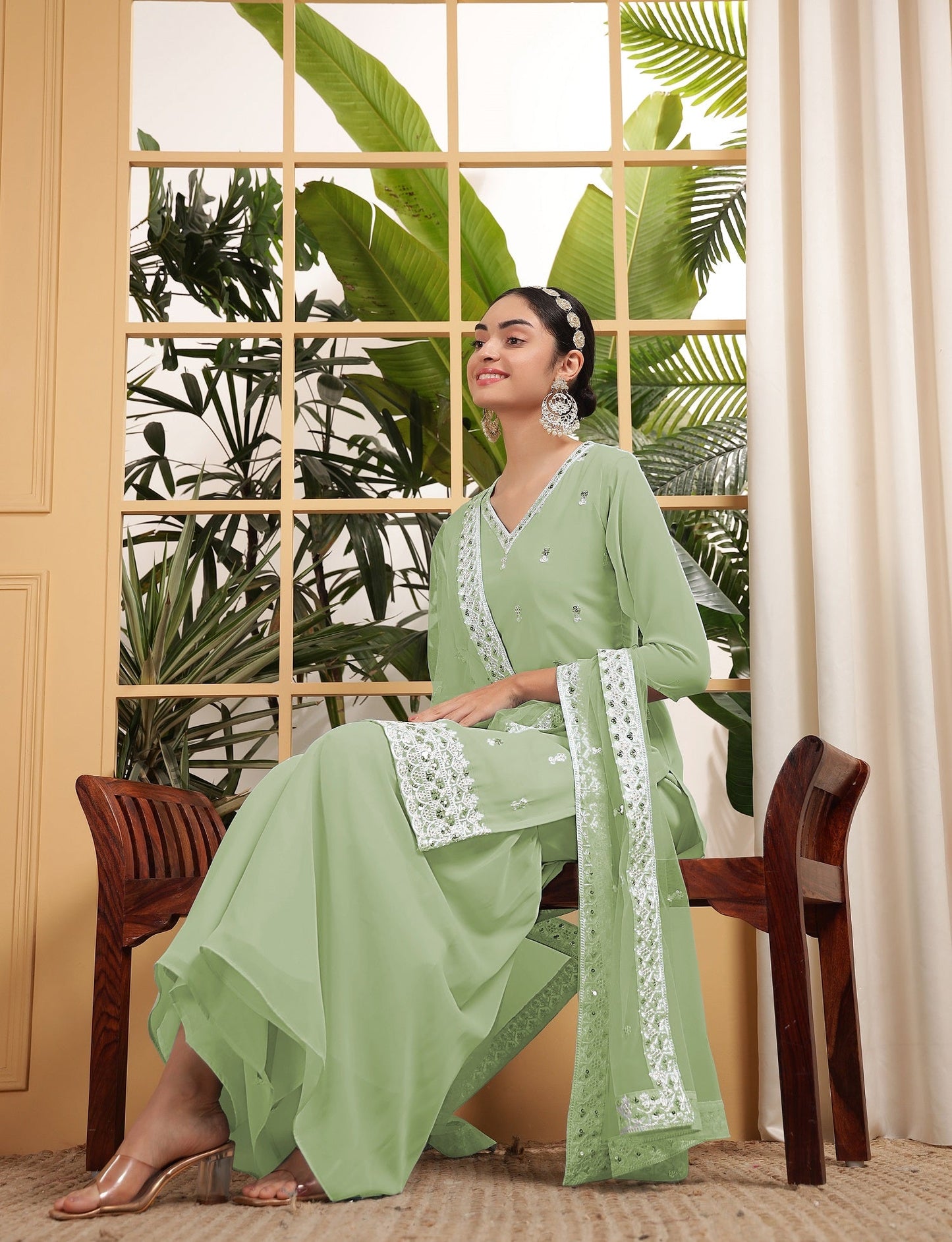 Teeya Creation Pista Color Georgette Fabric Heavy Embroidery Work Fully Stitched Palazzo Set - Swadesiicart