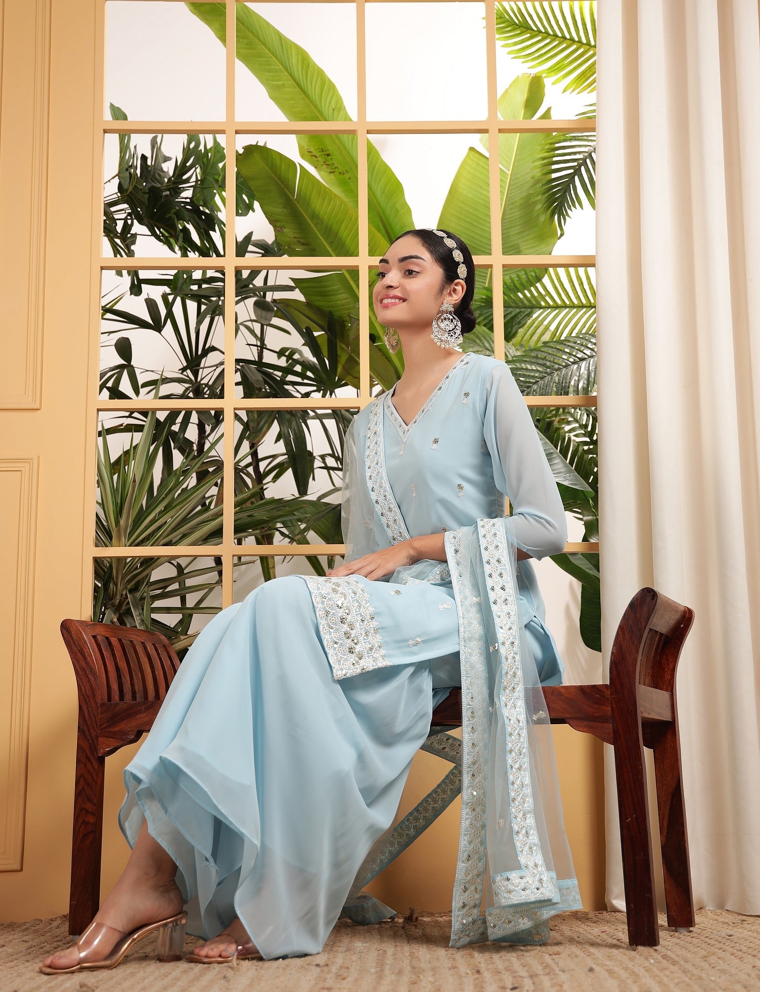 Teeya Creation Sky Color Georgette Fabric Heavy Embroidery Work Fully Stitched Palazzo Set - Swadesiicart