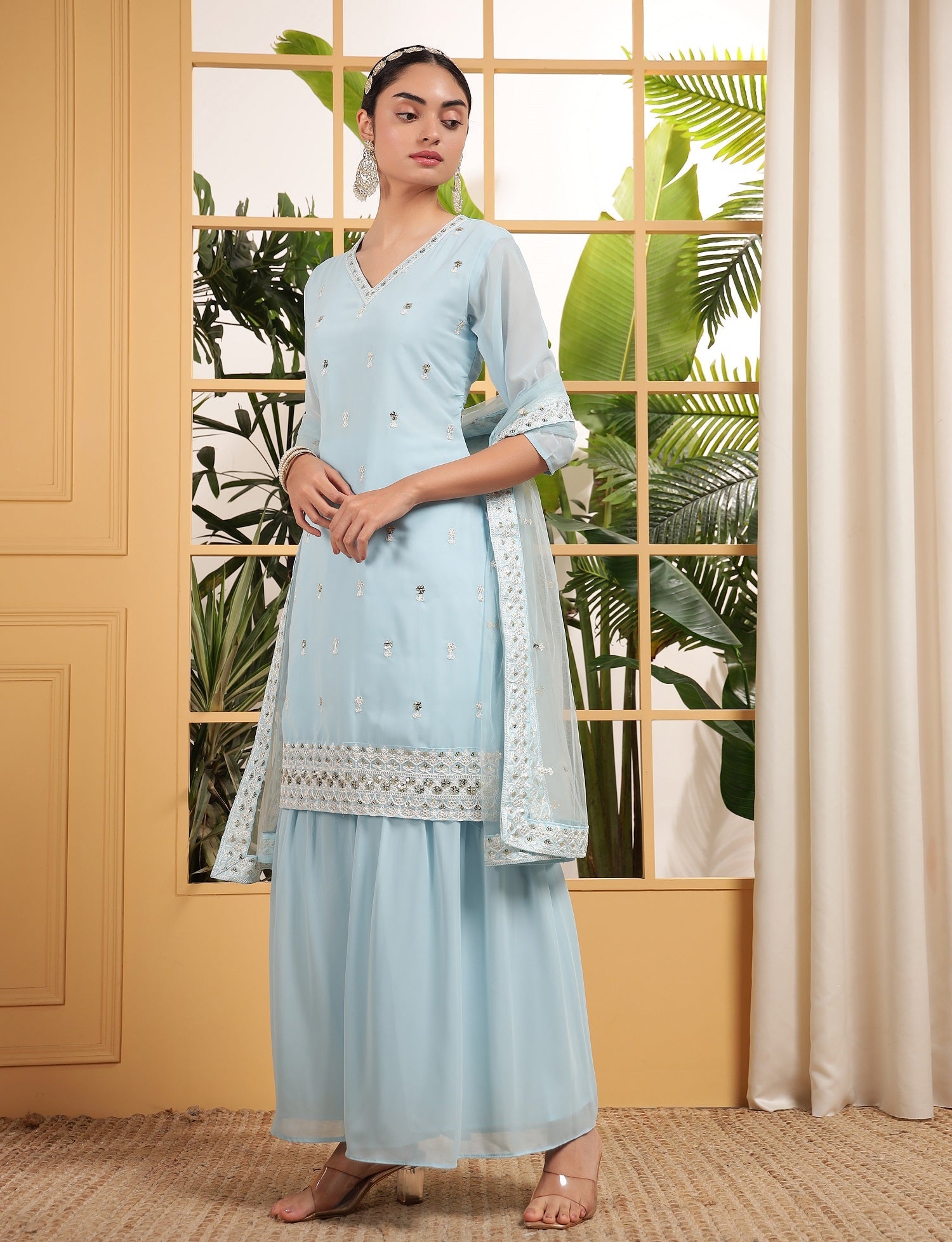 Teeya Creation Sky Color Georgette Fabric Heavy Embroidery Work Fully Stitched Palazzo Set - Swadesiicart