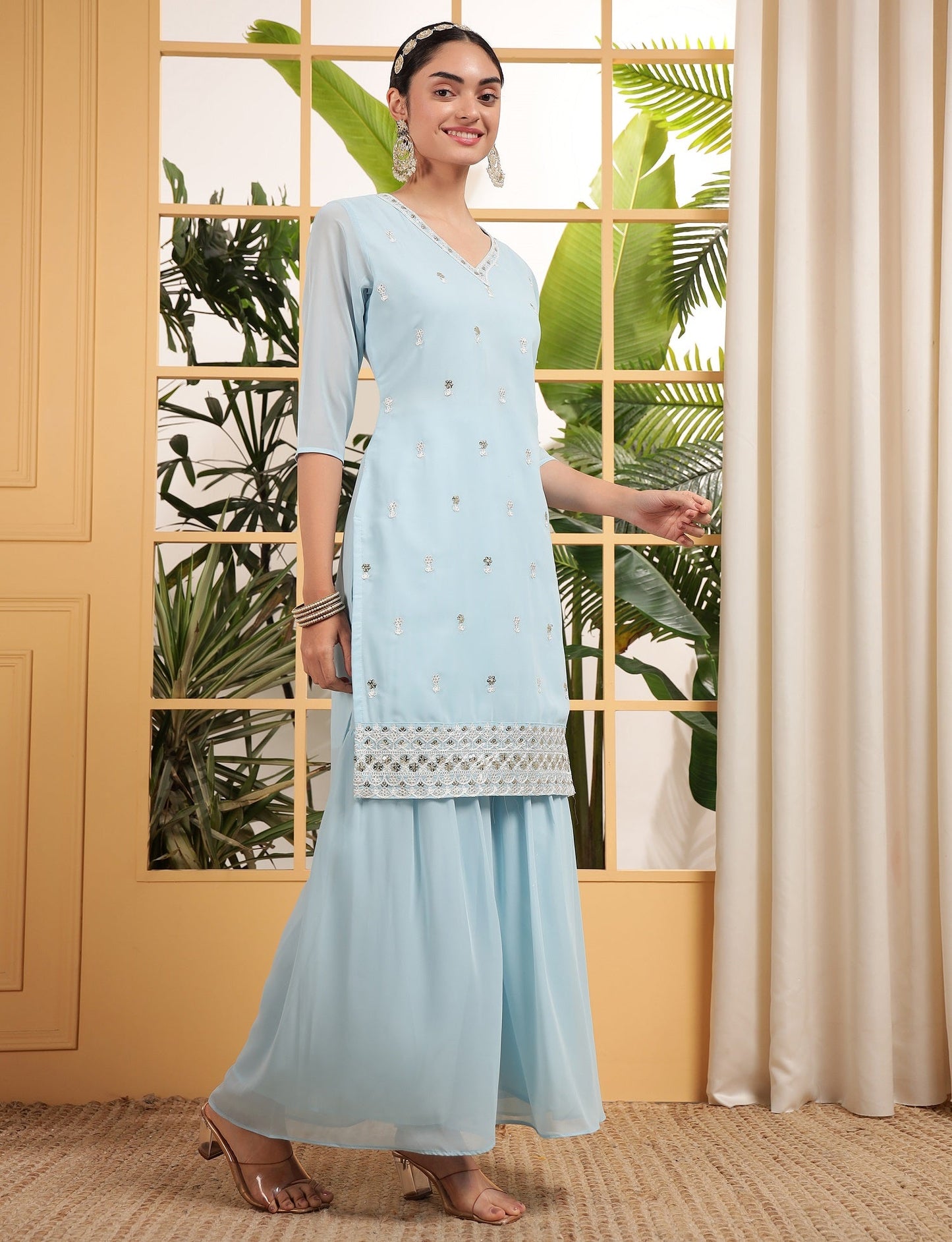 Teeya Creation Sky Color Georgette Fabric Heavy Embroidery Work Fully Stitched Palazzo Set - Swadesiicart